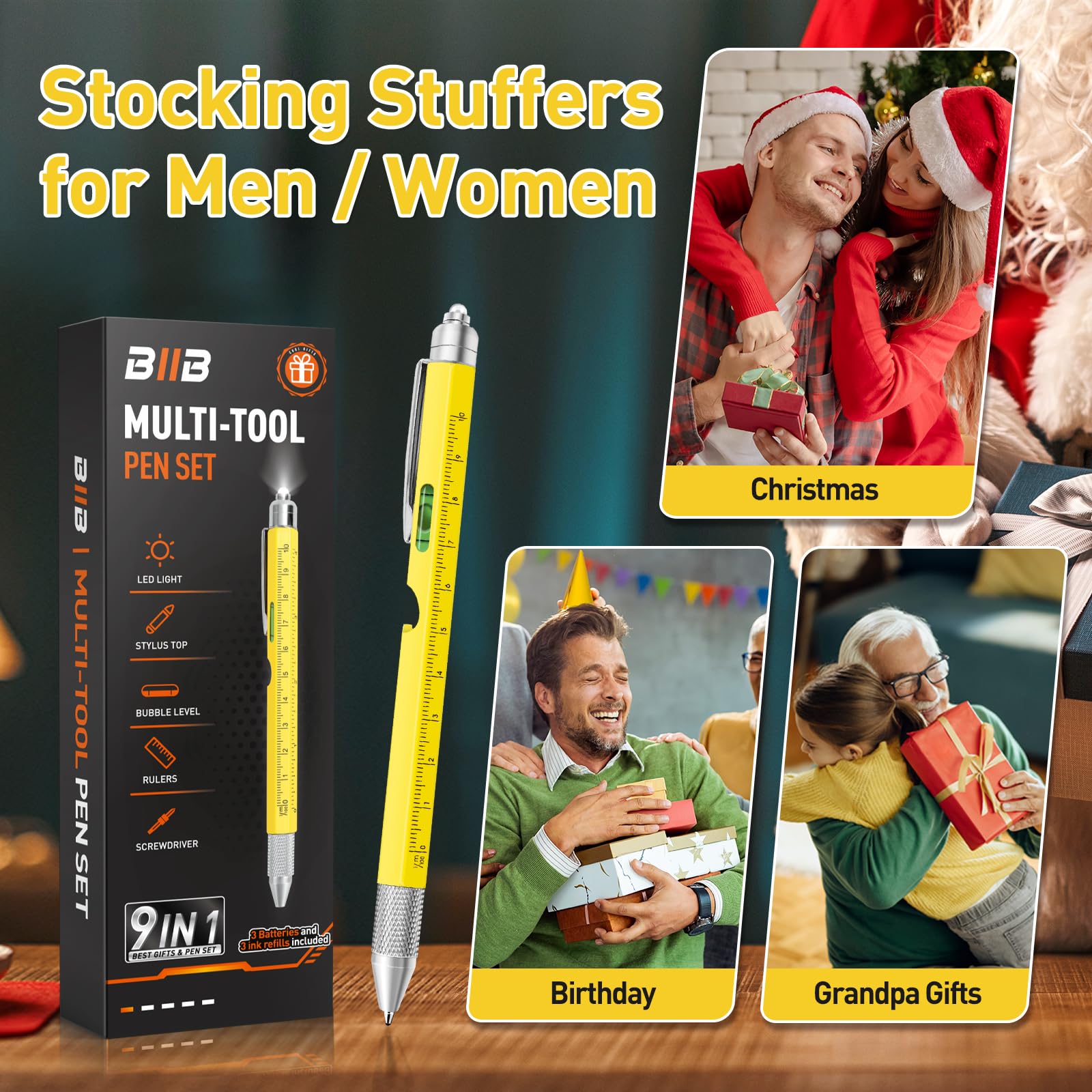 BIIB Gifts for Men, Stocking Stuffers for Adults Men 9 in 1 Multitool Pen, Mens Stocking Stuffers for Him, Mens Gifts for Dad Him Grandpa, White Elephant Gifts for Adults, Dad Gifts Gadgets for Men