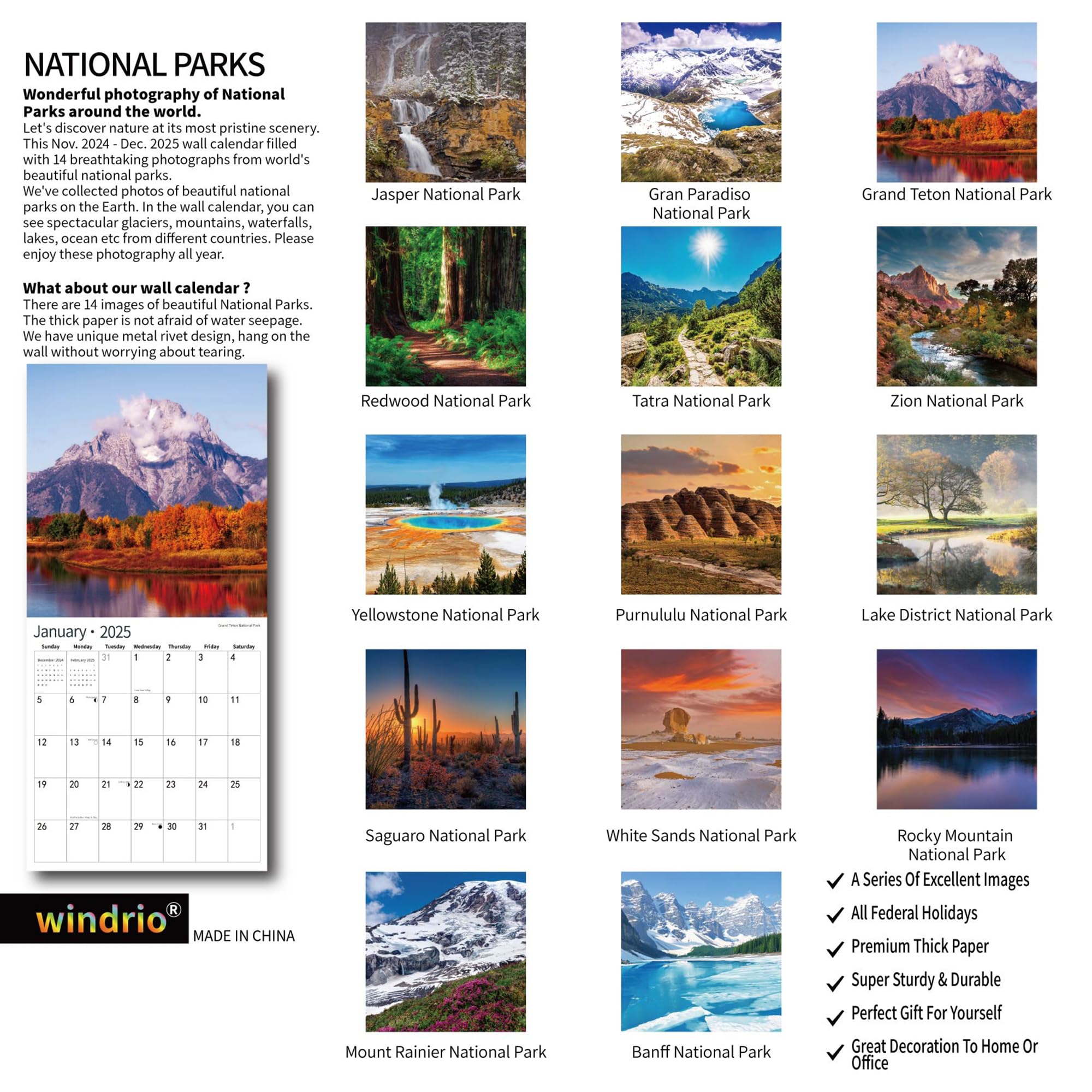 2025 Wall Calendar,Calendar 2025, November 2024 - December 2025, Wall Calendar National Parks, 12" x 24" Opened,Full Page Months Thick & Sturdy Paper for Calendar Organizing & Planning