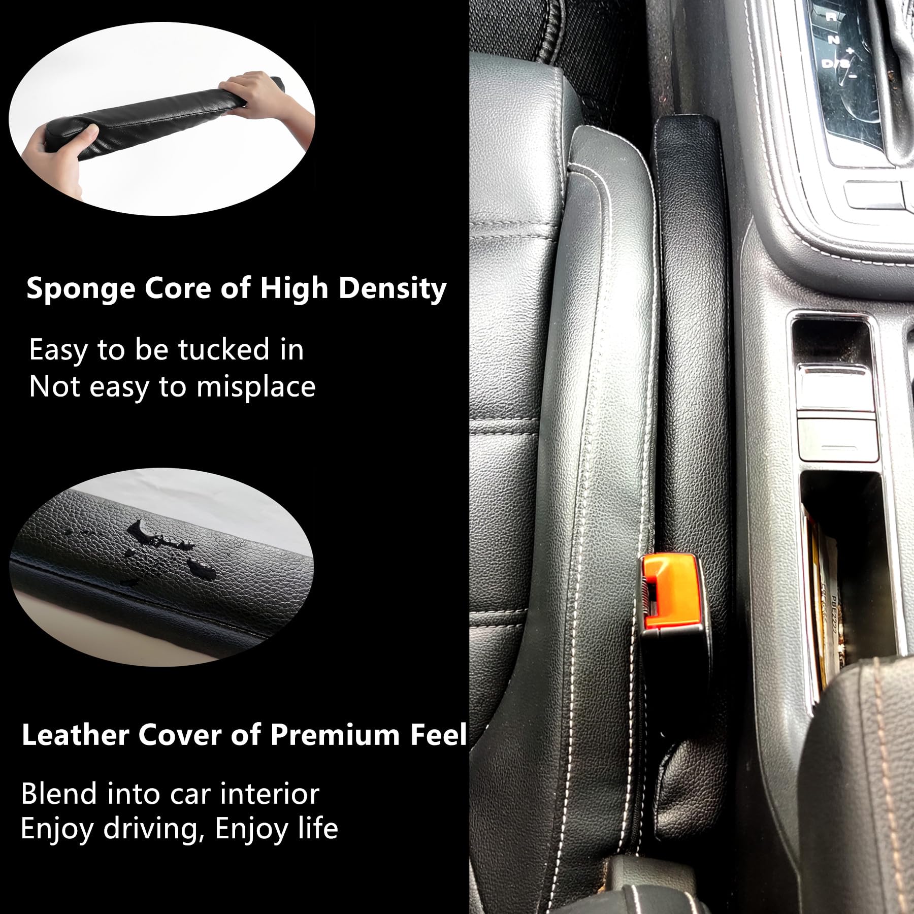 Wuzno Leather Car Seat Gap Filler, 2 Pack No-Drop Seat Guard Universal Gap Stopper/Catcher to Fill The Gap Between Seat and Console Black Car Crevice Blocker Space Pad