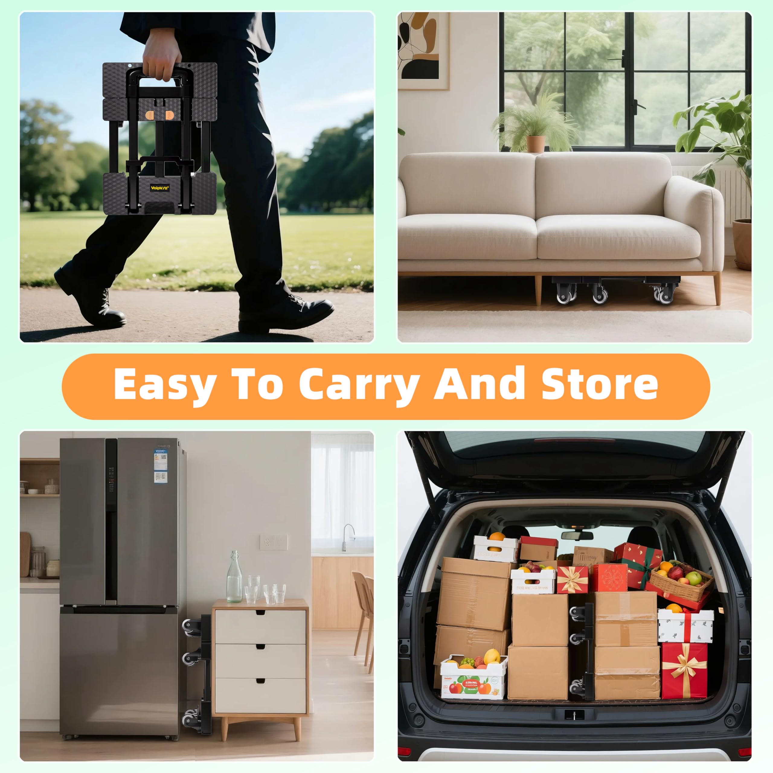 Voipvvii Folding Hand Truck 500lbs, Portable Heavy Duty Dolly Cart, 6 Wheels Collapsible Luggage Cart with 2 Elastic Ropes - Compact Trolley Cart for Easy Moving - Ideal Hand Cart for Travel and More