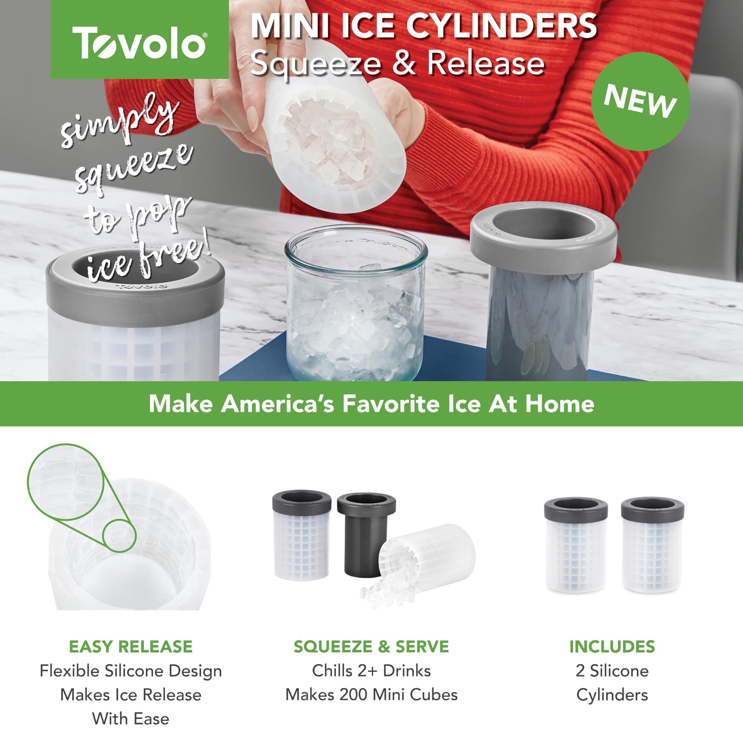 Tovolo Mini Ice Cylinder Set of 2 – Easy Squeeze and Release Mini Ice, BPA-Free Silicone, 200 Mini Cubes Each, Leak Proof, Dishwasher Safe, Compact Design for Freezer Storage