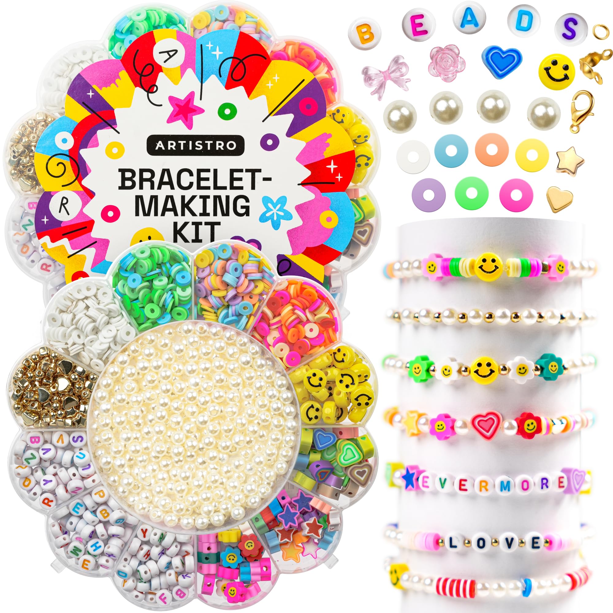 ARTISTRO 3000 pcs Bracelet Making Kit - Friendship Bracelet Kit for Jewelry Making with Pearl Beads, Clay Beads, Letters, Stars, Flowers, Hearts - Colorful Kandi Beads Set for Girls, Boys, Adults