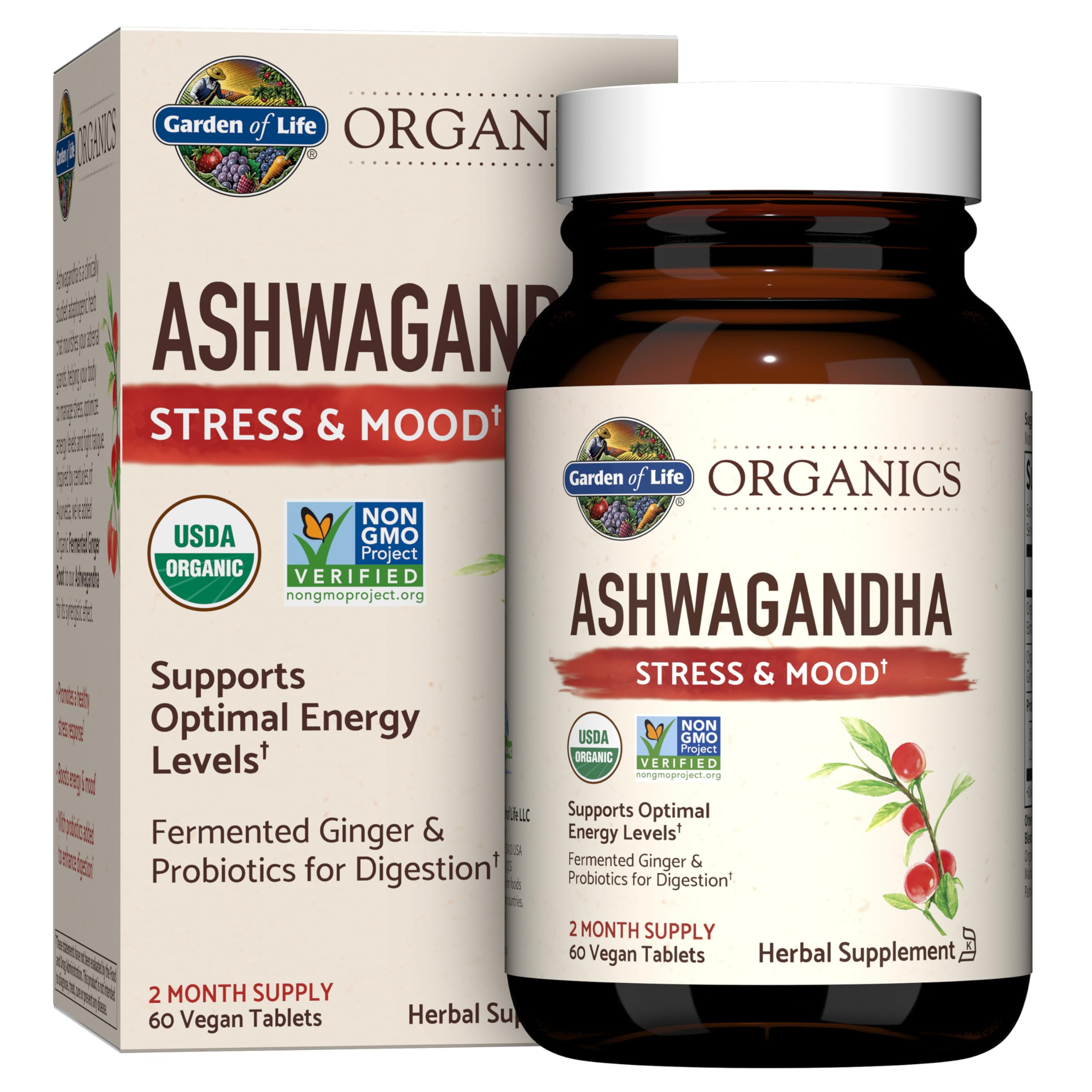 Garden of Life Organics Ashwagandha Stress, Mood & Energy Support Supplement with Probiotics & Ginger Root for Digestion - Vegan, Gluten Free, Non GMO Ã¢ÂÂ 2 Month Supply, 60 Tablets