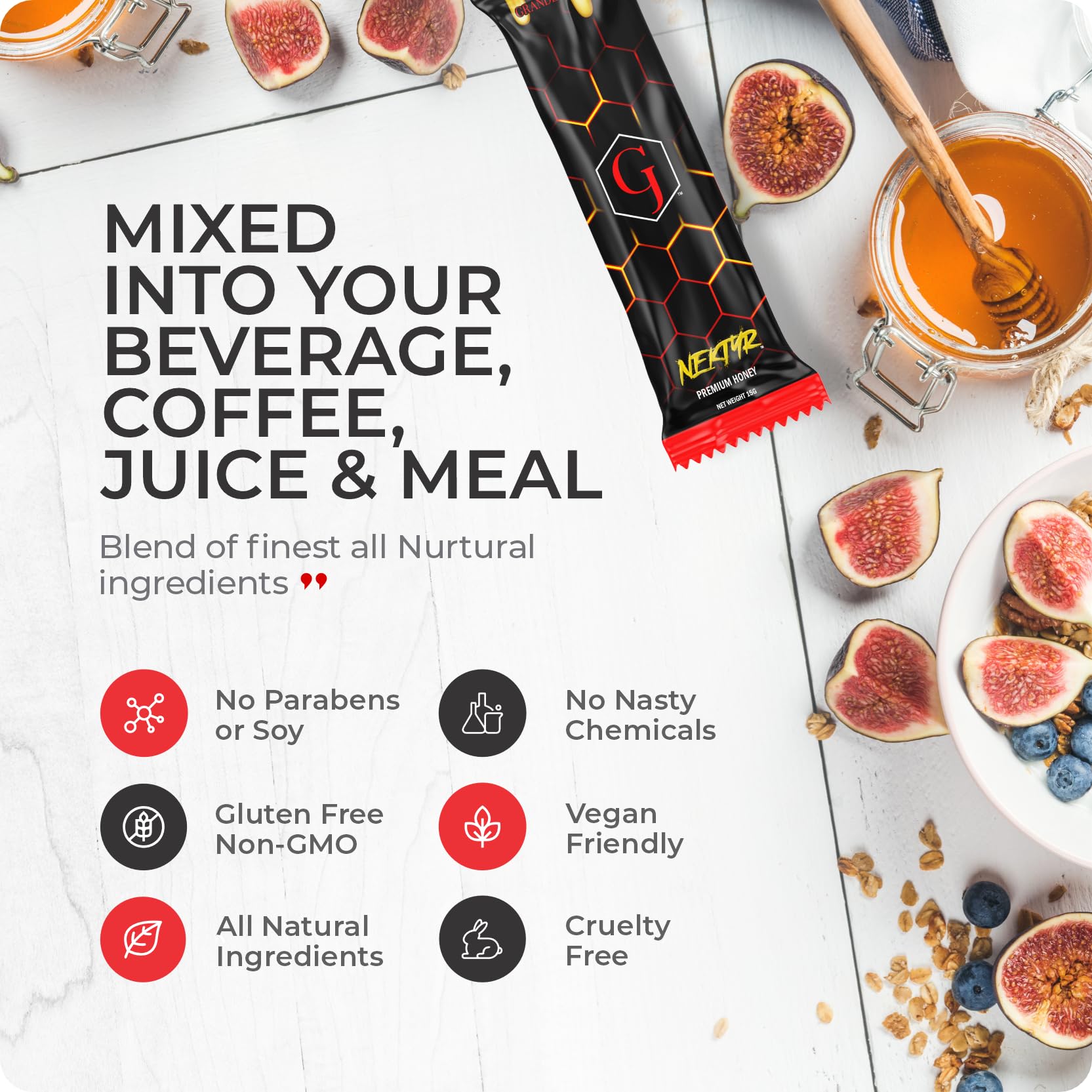 Grande Johnson - Nektyr - Organic Premium Natural Pure Honey with Jelly Bee Pollen - Pack of 3