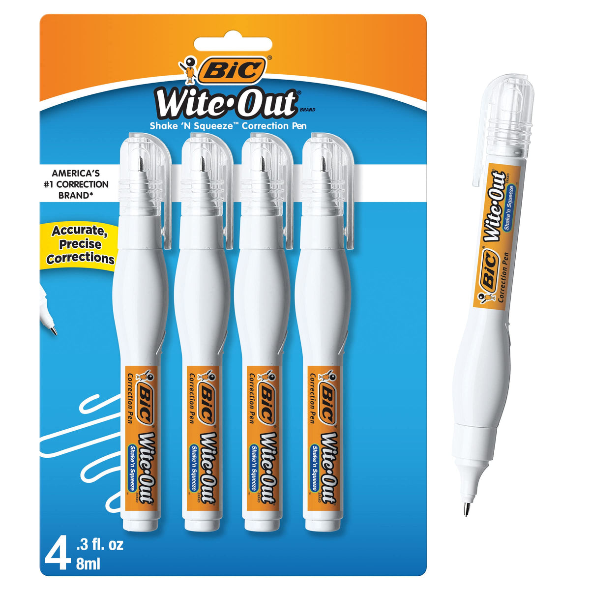 BIC Wite-Out Brand Shake 'n Squeeze Correction Pen, 8 ML Correction Fluid, 4-Count Pack of white Correction Pens, Fast, Clean and Easy to Use Pen Office or School Supplies