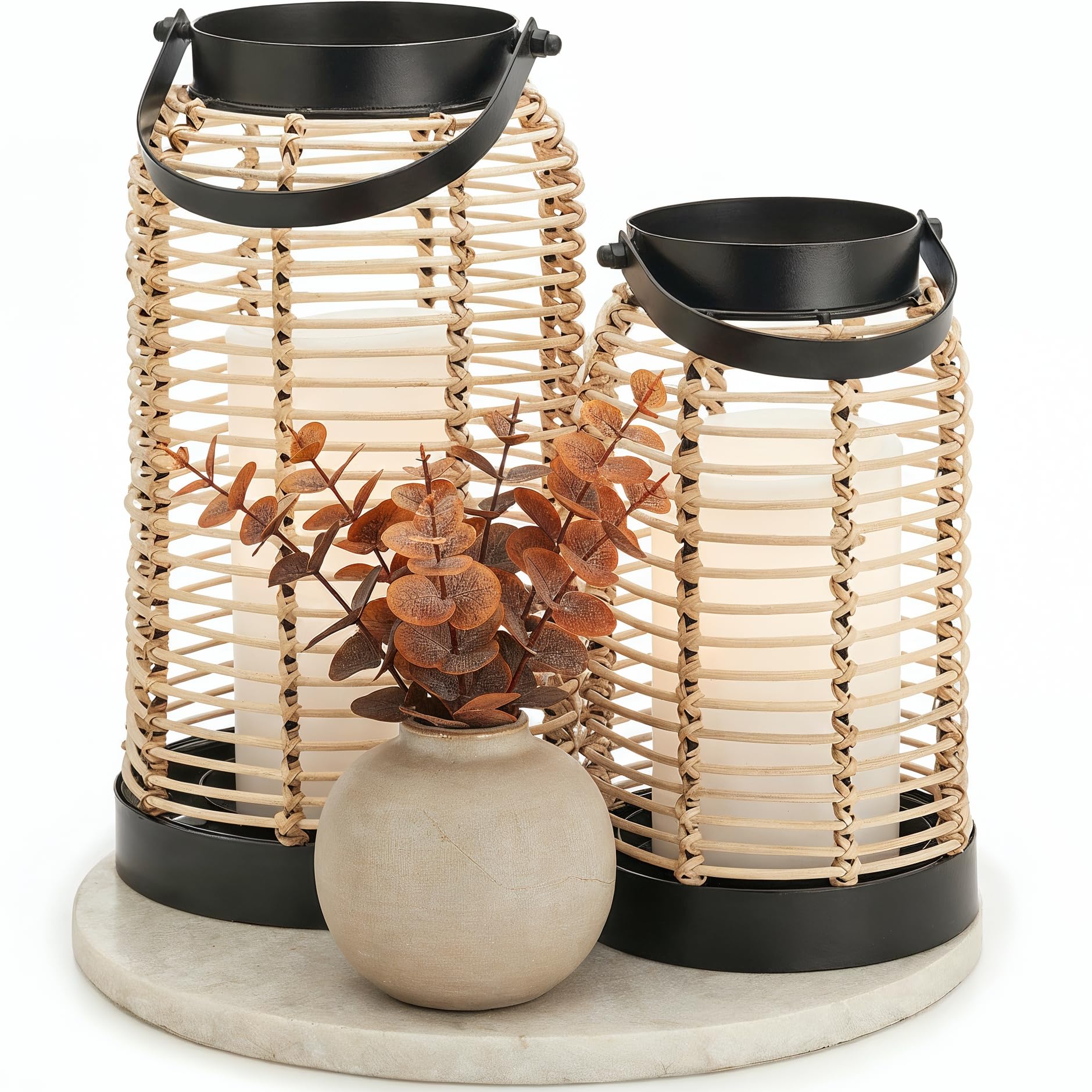 Natural Rattan Boho Lanterns - Handcrafted Decor to Enhance Your Home - Modern Farmhouse Beauty Perfect for Any Living Room, Patio & Porch, Indoor and Outdoor Coffee Table or Kitchen Dining Table