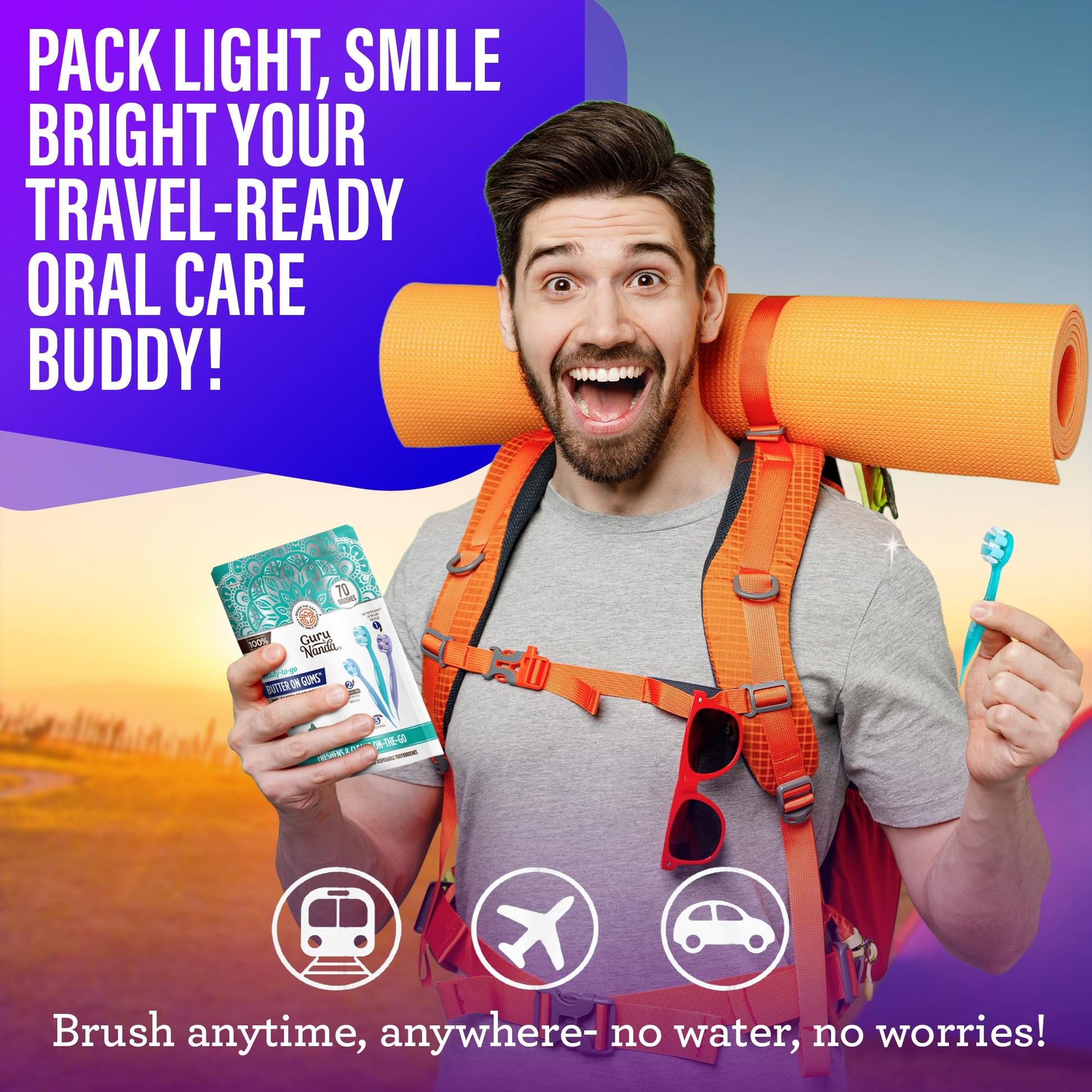 GuruNanda Ready-to-Go Disposable Mini Travel Toothbrushes - Butter on Gums Softex Bristles, Pre-Pasted Toothbrush & Toothpick - Fluoride-Free, No Rinsing Needed, 70 Ct