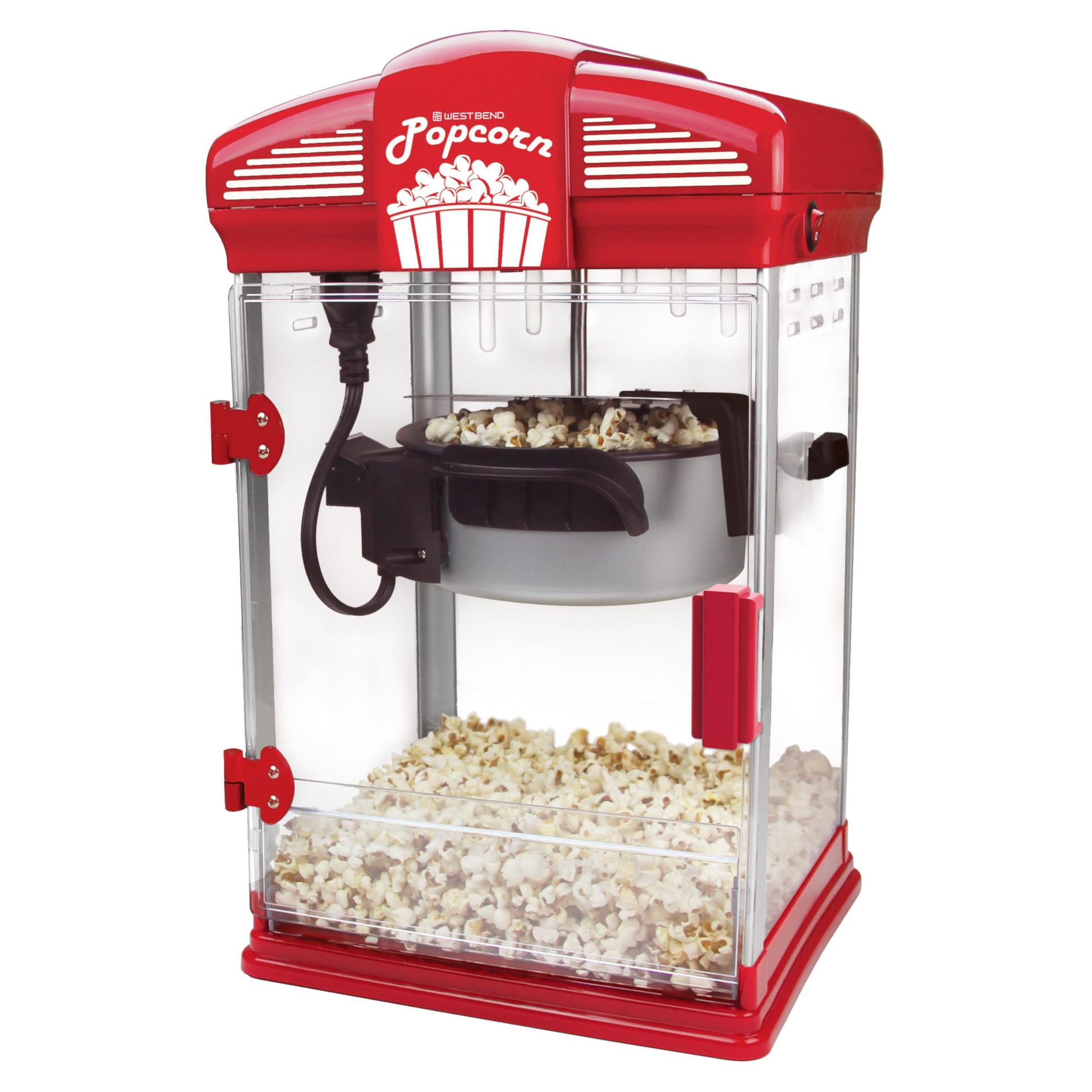 West Bend Stir Crazy Movie Theater Popcorn Popper, Gourmet Popcorn Maker Machine with Nonstick Popcorn Kettle, Measuring Tool and Popcorn Scoop for Popcorn Machine, 4-Qt., Red