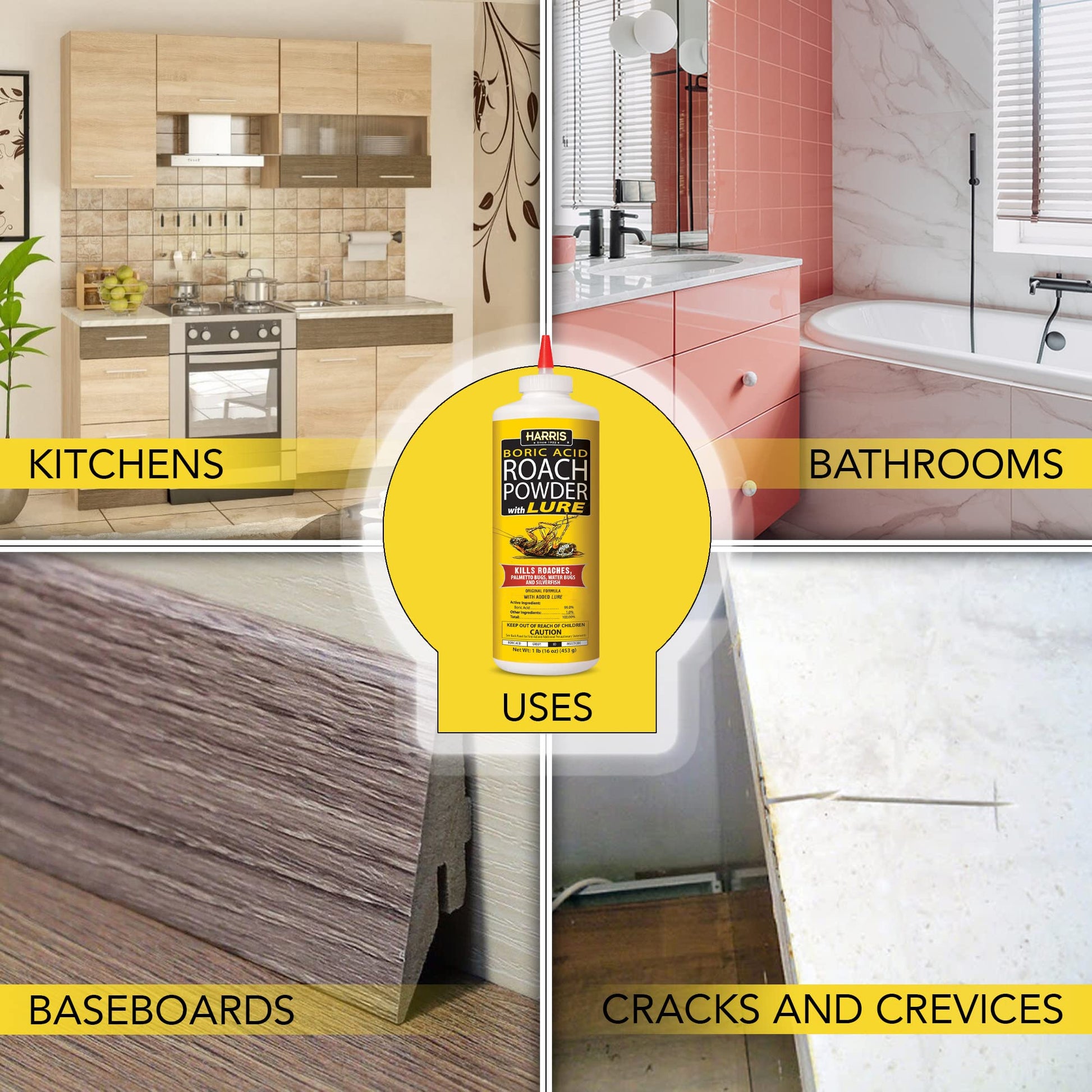 HARRIS Boric Acid Roach and Silverfish Killer Powder w/Lure for Insects (16oz)