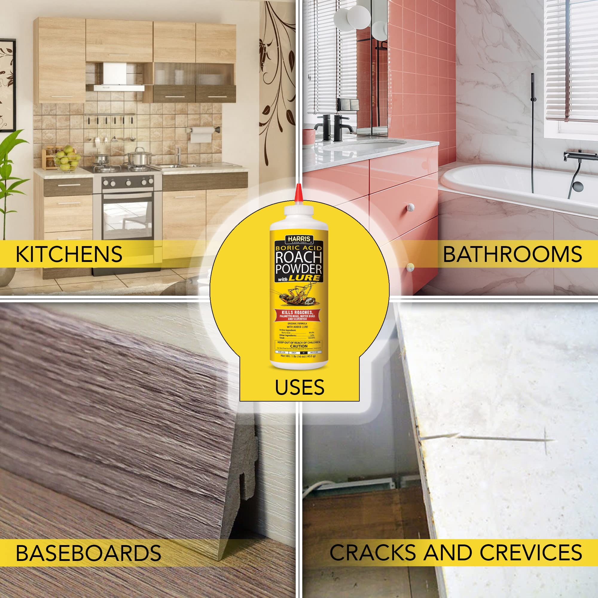 HARRIS Boric Acid Roach and Silverfish Killer Powder w/Lure for Insects (16oz)