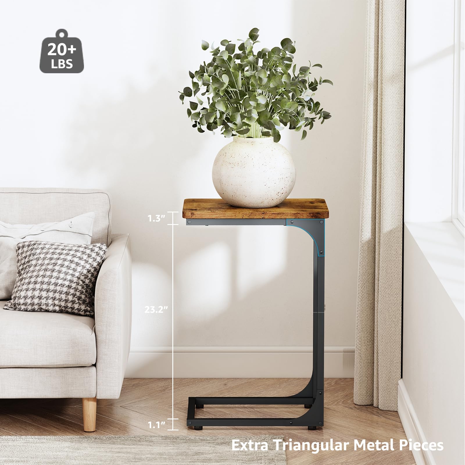 QEEIG C Table Side Table Set of 2 Living Room Sets C Shaped Couch Tray End Tables Farmhouse, Rustic Brown (017-30BN)