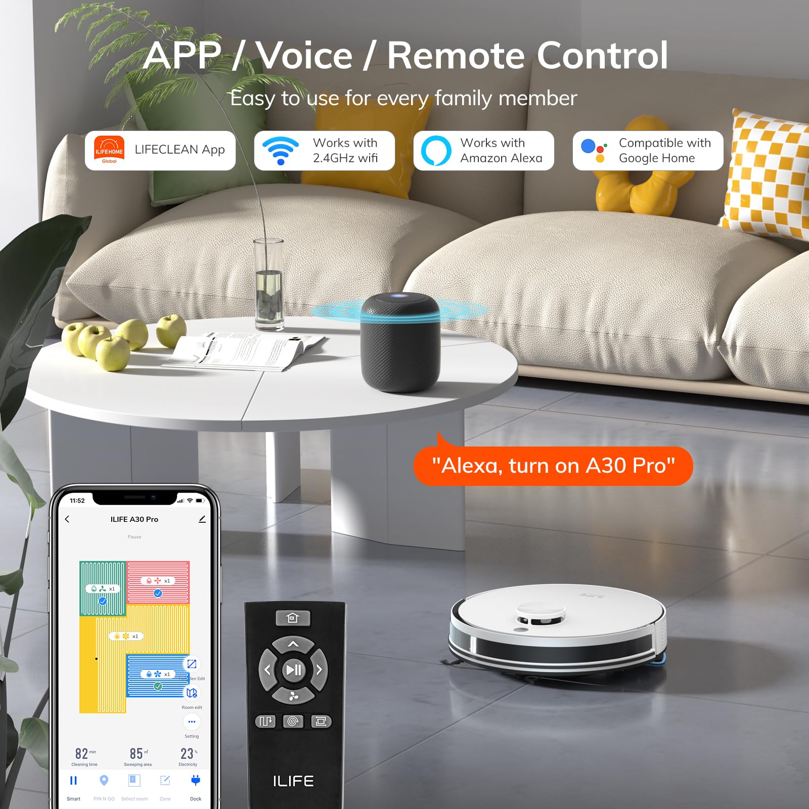 ILIFE A30 Pro Robot Vacuum and Mop, Self Emptying Station for 60 Days, 5000Pa Suction, LiDAR Navigation, No-Go Zones, 2.4G WiFi/App/Alexa/Remote Control, Roller Brush for Carpet, Hard Floors, 110V