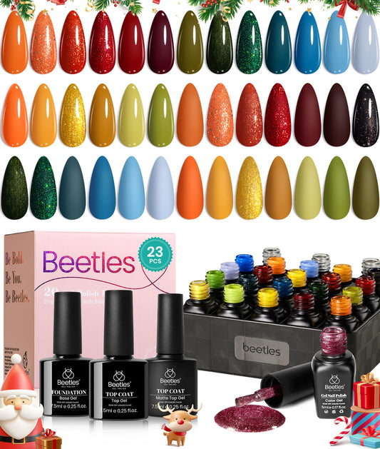 Beetles Fall Gel Nail Polish Set 20 Colors Nail Gel Polish Blue Red Brown Black Yellow Orange Green Gel Nail Polish Kit with Glossy Matte Gel Top Base Coat Soak Off Uv Gel Nail Lamp Gift for Women