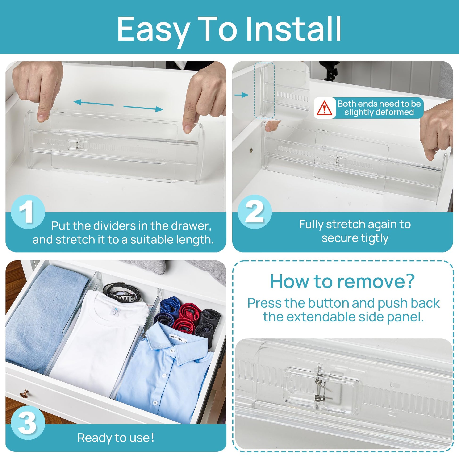 Vtopmart 12 Pack Drawer Dividers for Clothes, 4" High 10.2"-16.6" Adjustable Expandable Dresser Drawer Organizer, Clear Plastic Separators for Dresser, Baby Clothing, Underwear, Cosmetic, Toiletries