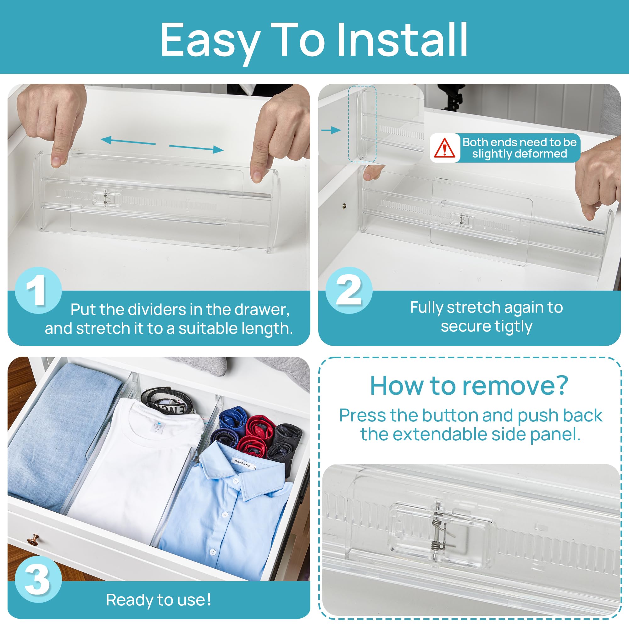 Vtopmart 12 Pack Drawer Dividers for Clothes, 4" High 10.2"-16.6" Adjustable Expandable Dresser Drawer Organizer, Clear Plastic Separators for Dresser, Baby Clothing, Underwear, Cosmetic, Toiletries