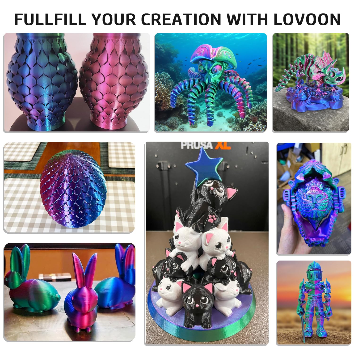 LOVOON 3D Printer Filament, Tricolor PLA Filament 1.75mm Silk Rainbow Filament Green-Red-Blue, 3D Printing Accessories PLA Filament Multicolor, Dimensional Accuracy +/-0.02mm, 2.2lbs/Spool