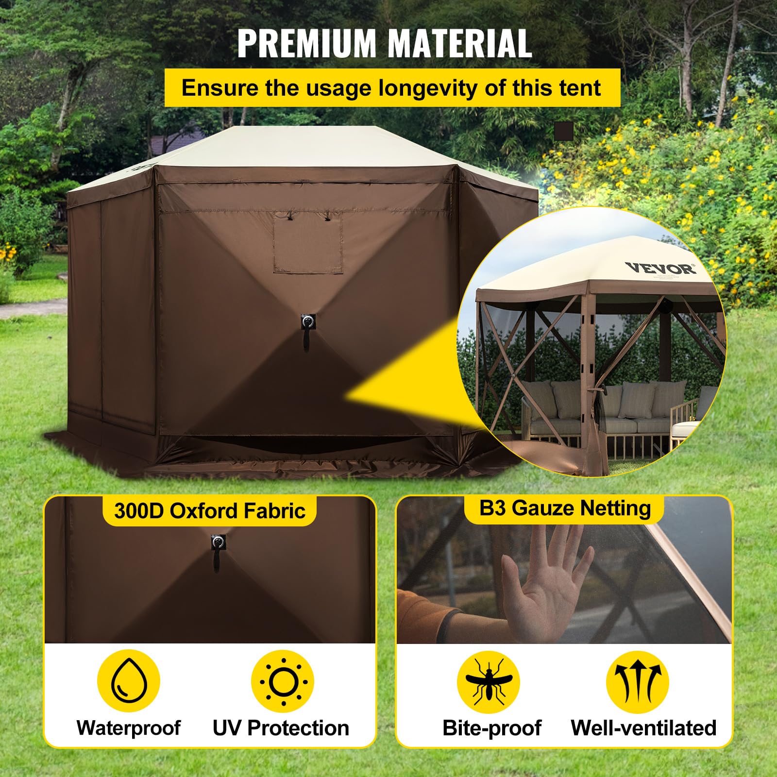 VEVOR 12 * 12ft 6 Sided Pop-up Canopy Shelter Tent with Mesh Windows, Portable Carry Bag, Stakes, Large Shade Tents for Outdoor Camping, Lawn and Backyard, Brown/Beige