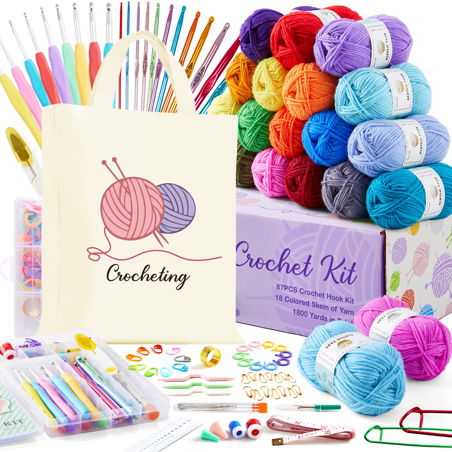 113 Piece Crochet Kit with Yarn Set– 1600 Yards Assorted Yarn for Knitting and Crochet, 73PCS Crochet Accessories Set Including Ergonomic Hooks, Knitting Needles & More Ideal Beginner Kit