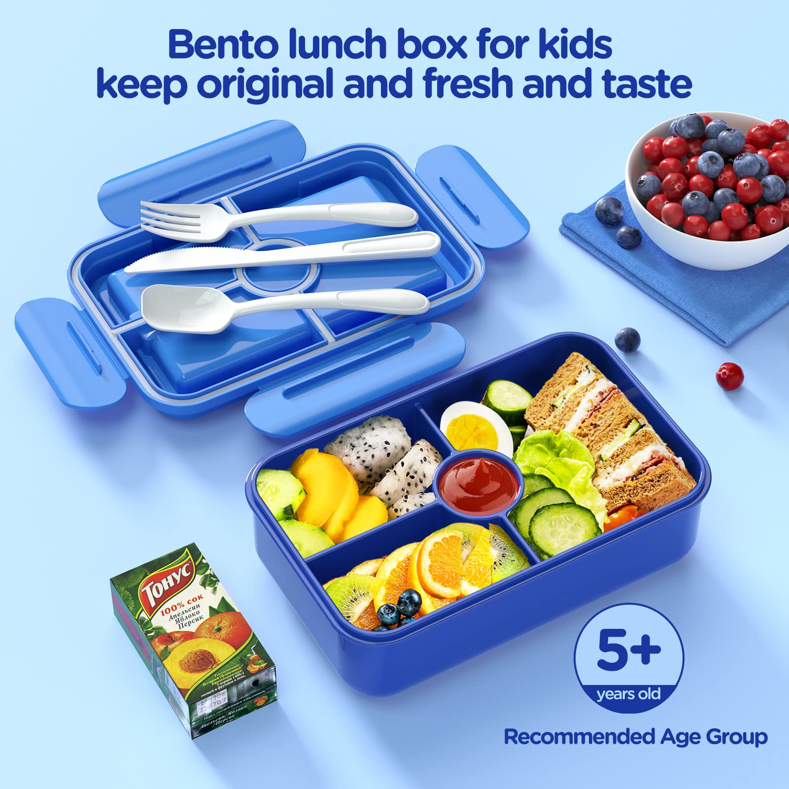 Jelife Bento Lunch Box for Kids - Leakproof Large Bento-Style with 4 Compartments Portions Lunchbox with Tableware Back to School, Reusable On-the-Go Meal and Snack Packing, Blue