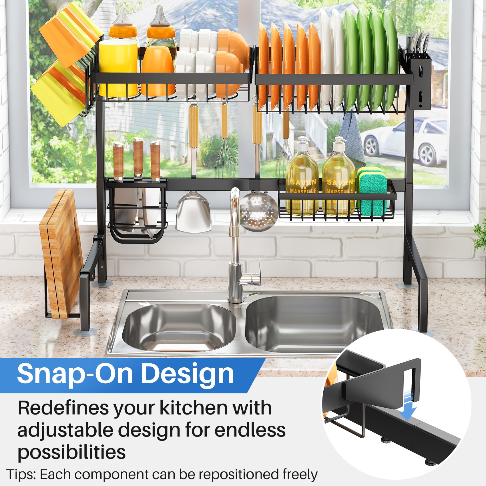 Over The Sink Dish Drying Rack - Adjustable Dish Rack for Kitchen Counter, Metal (Black)