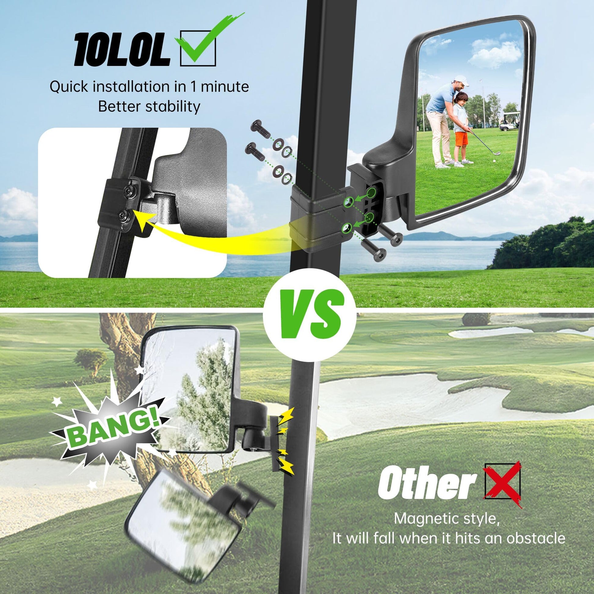 10L0L Golf Cart Mirror No Drilling Side Mirrors Universal for Yamaha, Club Car, EZGO, Folding Side Rear View Mirrors Adjustable 180 Degree HD Glass