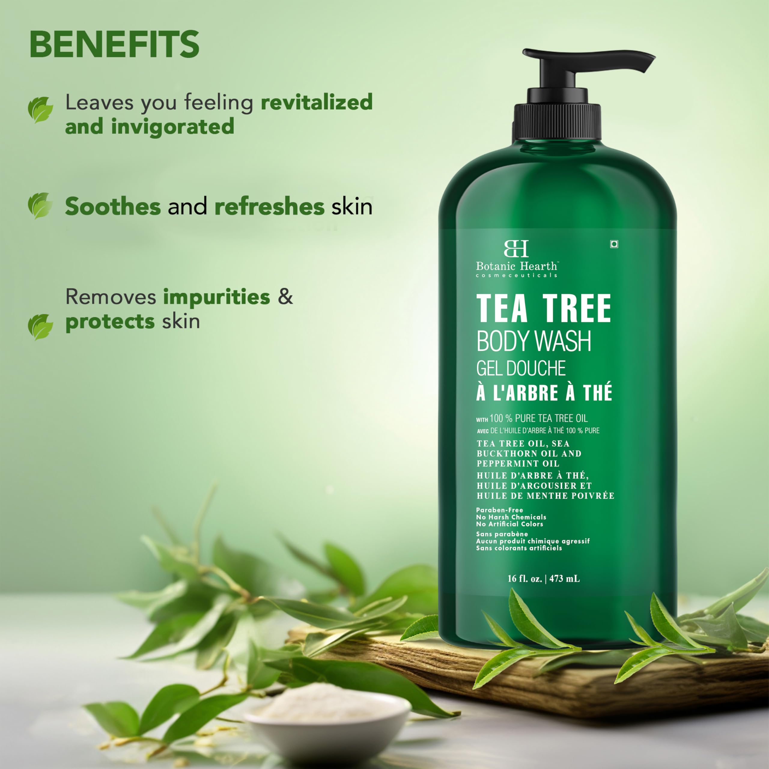 Botanic Hearth Tea Tree Body Wash | 16 Fl Oz | Helps Soothe Itchy, Dry Skin, Antifungal Body Wash With 100% Pure Tea Tree Oil | Sulfate Free, Paraben Free, For Men And Women