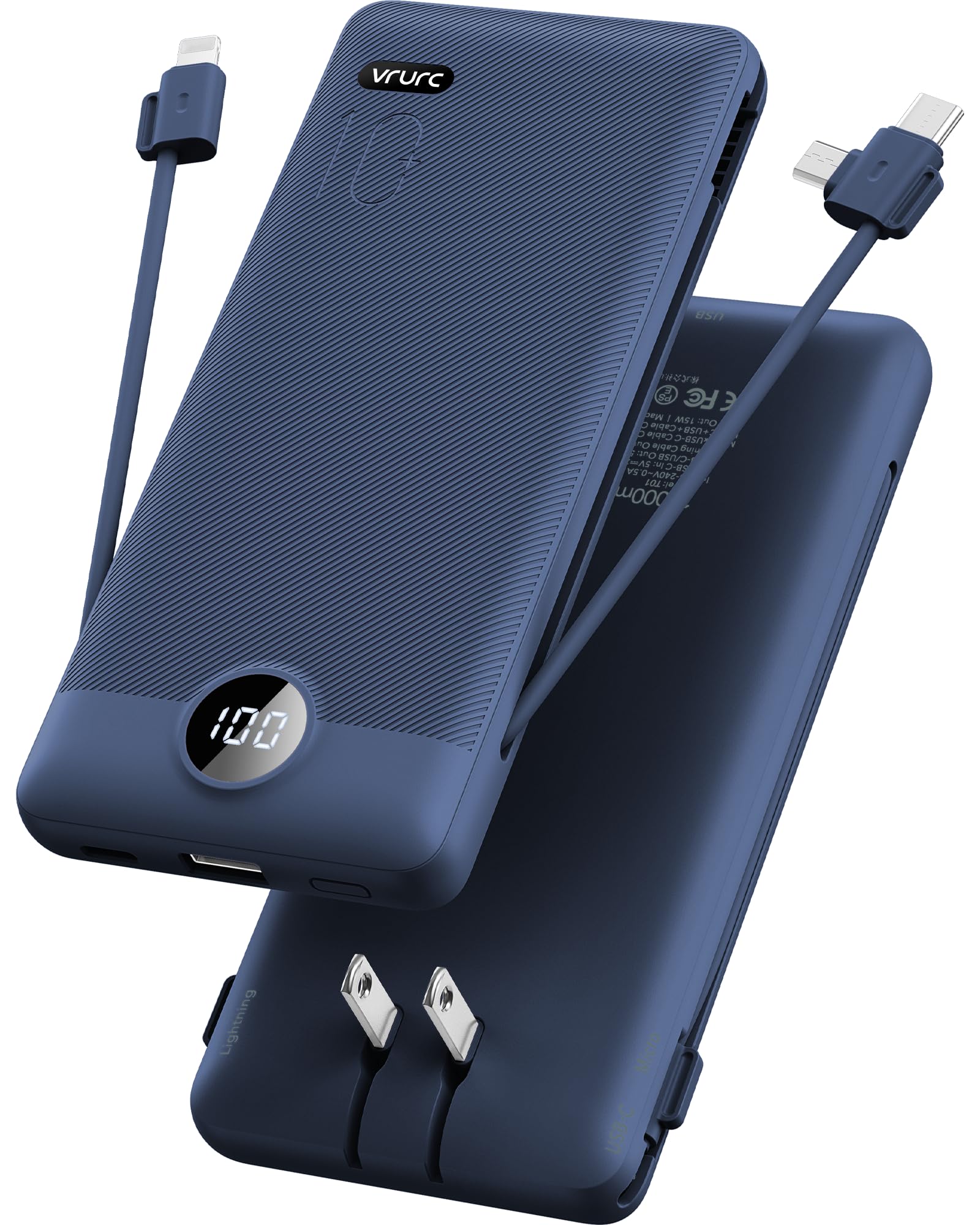 VRURC Portable Charger Built-in Cables and AC Wall Plug, USB C Power Bank 10000mAh, [2023 Upgraded Version] Phone Charger Compact Lightweight External Battery Pack for Smart Phones, Tablets etc-Red