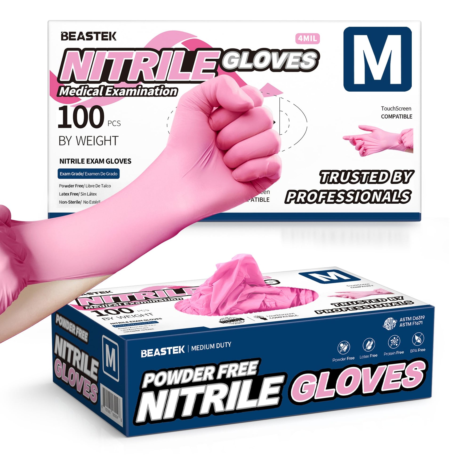 Beastek Nitrile Disposable Gloves, 4 mil Pink Powder-Free Latex-Free Medical Food Grade Cleaning Esthetician Glove, 100 Pcs (Large)