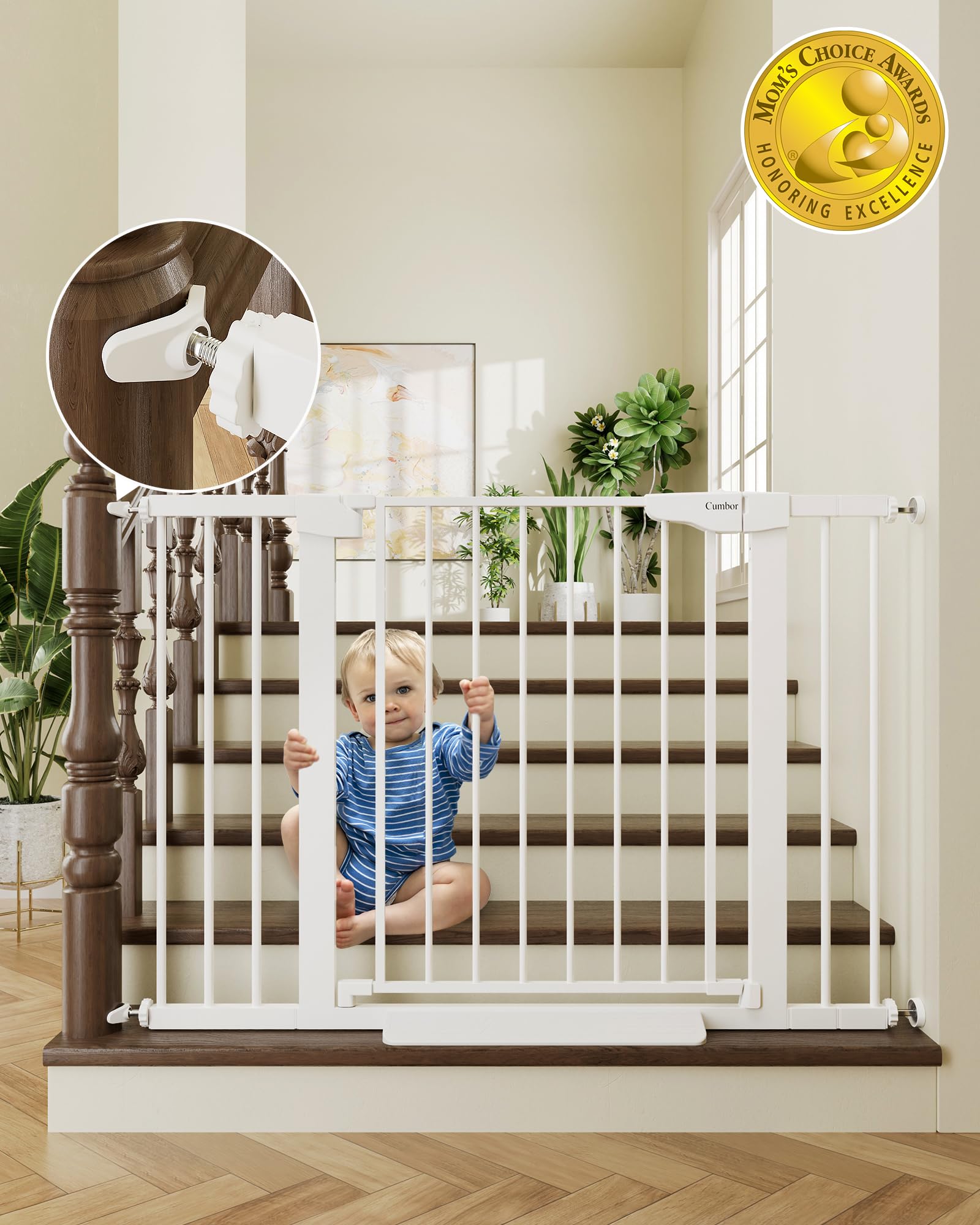 Cumbor 29.7-46" Treppenschutzgitter, Kleinkind-Sicherheitsgitter für Zuhause, selbstschließendes Hundegitter für Türen, Mom's Choice Awards Gewinner – Einfach zu installierendes druckmontiertes Haustiertor für Hunde, Weiß