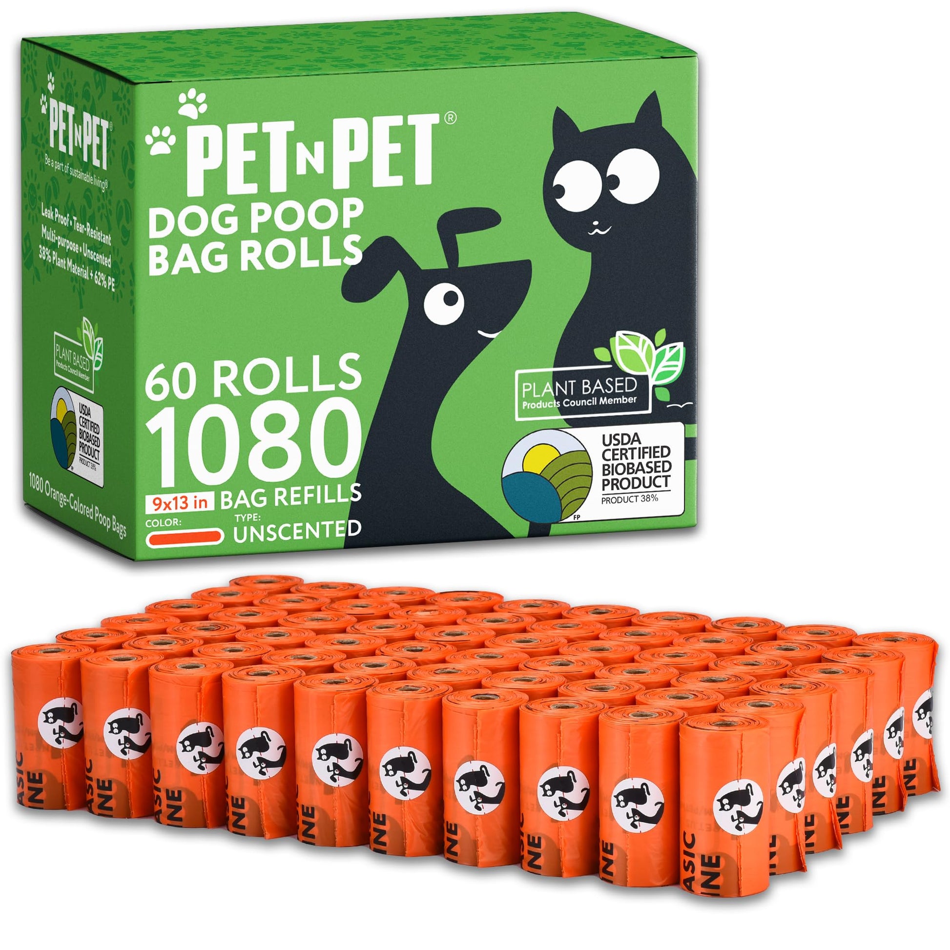 Pet N Pet 1080 Counts Black Poop Bags for Dogs, 38% Plant Based & 62% PE Extra Thick Dog Poop Bags Rolls, 9" x 13" Unscented Dog Bags for Poop, Doggie Poop Bags, Cat Poop Bags, Pet Waste Bags