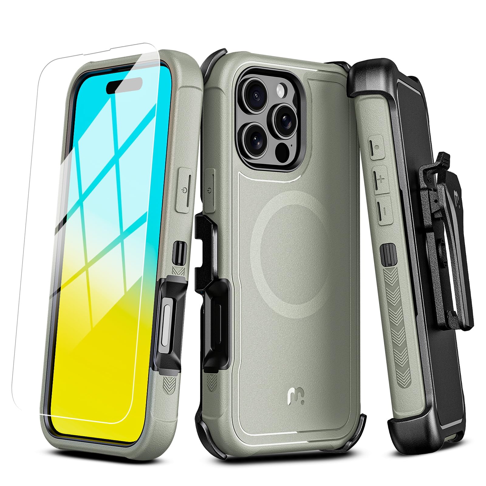 M MYBAT PRO Maverick Series iPhone 16 Pro Max Case with Belt Clip Holster,Compatible with Magsafe w/Screen Protector,Anti-Drop,Shockproof,360°Rotating Kickstand,Heavy Duty Protection Natural Titanium