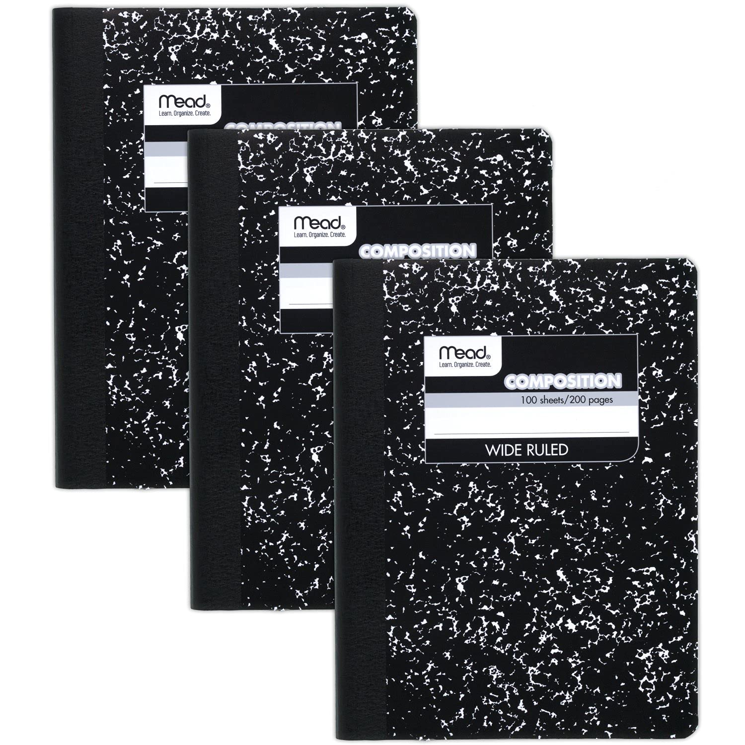 Mead Collegeblock, 3 Stück, liniert, 7-1/2" x 9-3/4", 100 Blatt pro Block, Schwarz Marmoriert (38301)