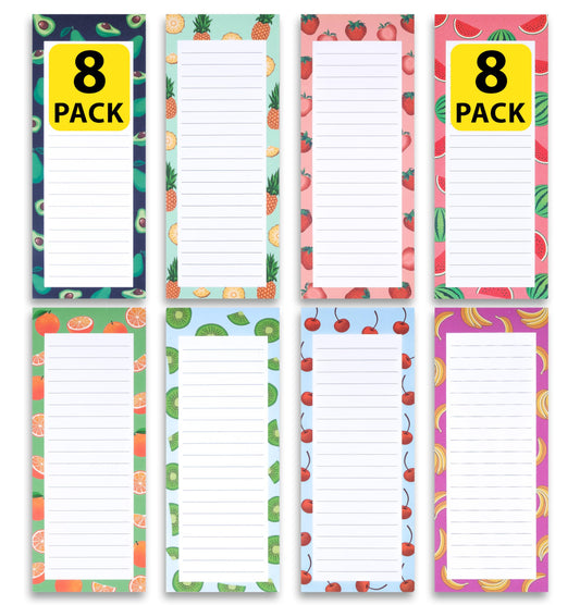 8 Magnetic Notepads – Notepads for Grocery List, Shopping List, To-Do List, Reminders -Strong Magnetic Back- Memo Notepad with Realistic Fruit Designs | 25 Sheets per Pad 7.5 x 3.5 inch (8 Pack)