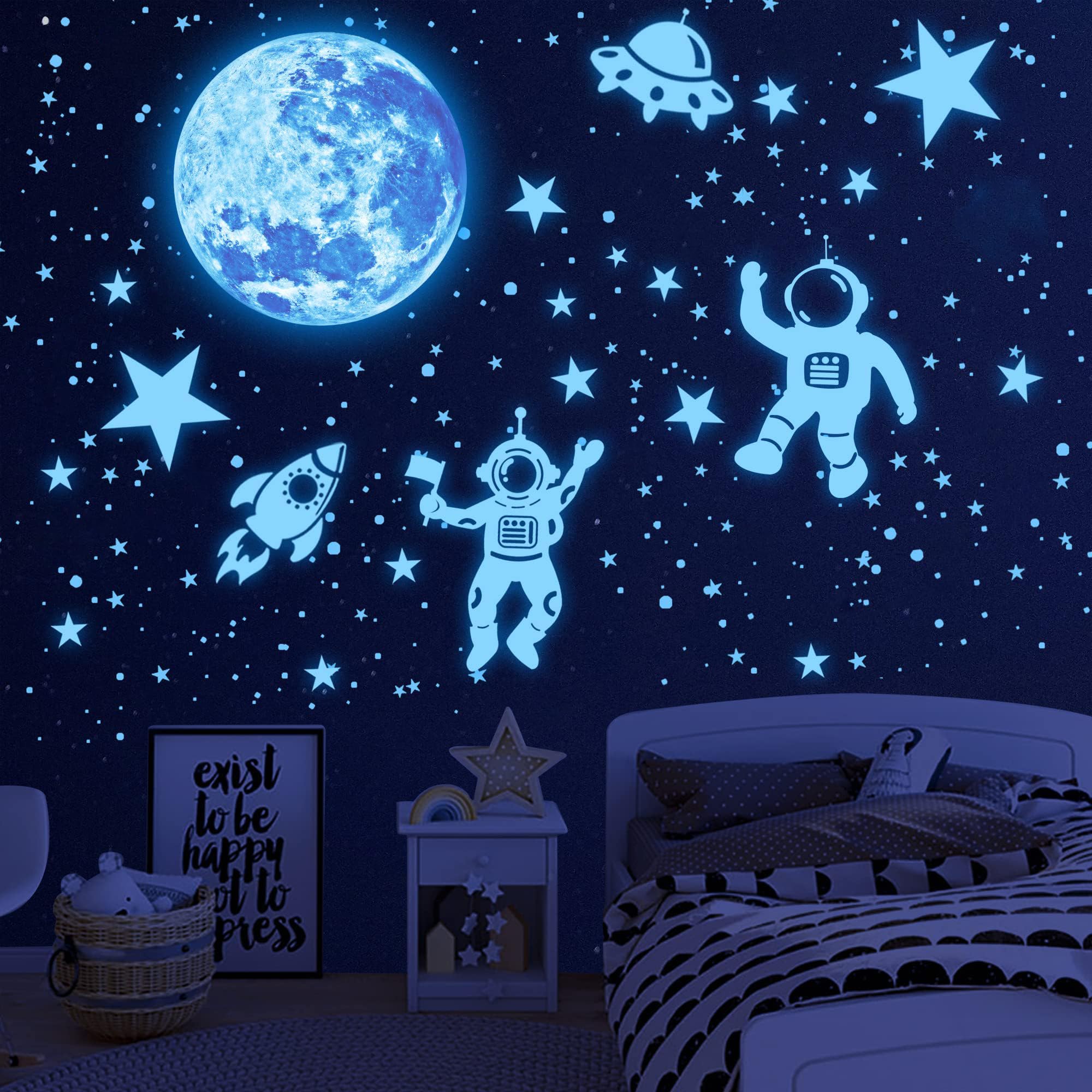 Glow in The Dark Stars for Ceiling 1106Pcs Glow in The Dark Moon and Planet Wall Decal Luminous Astronaut Universe Galaxy Space Wall Stickers Outer Space Decal for Kids Boys Bedroom Christmas Gift