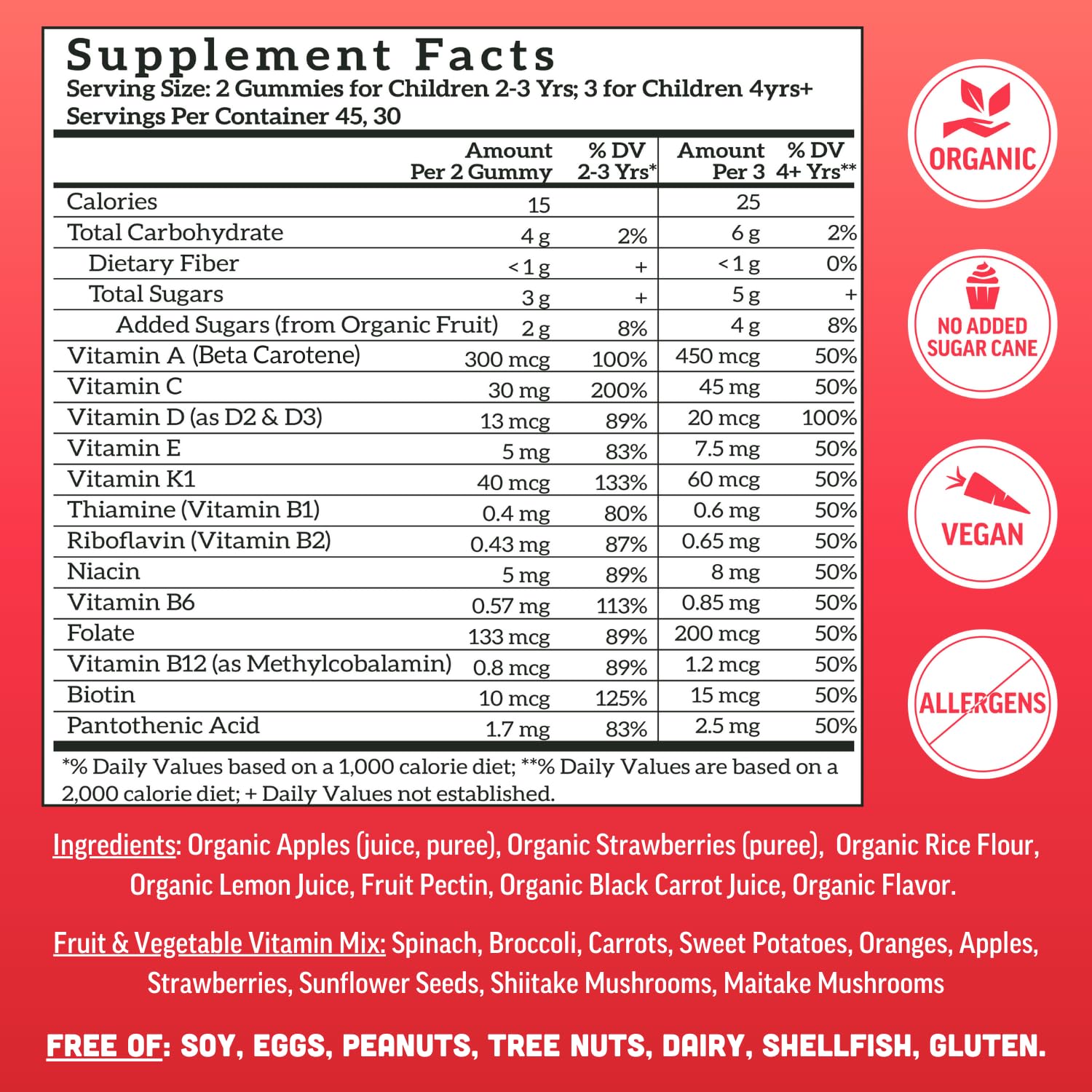 Llama Naturals Kids Multivitamin Gummies, Vegan, Organic with Vitamin D, C & K, Toddler Real Fruit Gummy Vitamins, Chewable Supplement, Whole Food Multivitamin, No Added Sugar Cane, Strawberry, 90 Ct