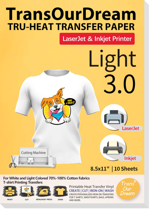 TransOurDream Heat Transfer Paper for Inkjet & Laserjet Printer (10 Sheets 8.5x11", Light 3.0) Printable HTV Heat Transfer Vinyl for T Shirts Iron on Transfers Paper for Light Fabric