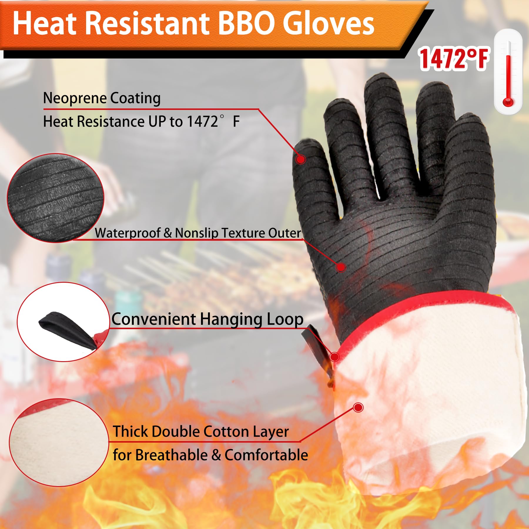 JENPOS BBQ Gloves - 1472°F Thicken Heat Resistant Gloves w/S-Hook 14 in Kitchen Oven Mitts Waterproof Grill Gloves Oil Resistant Grilling Gloves Cooking Gloves for Turkey Fryer/Baking/Oven/Smoker