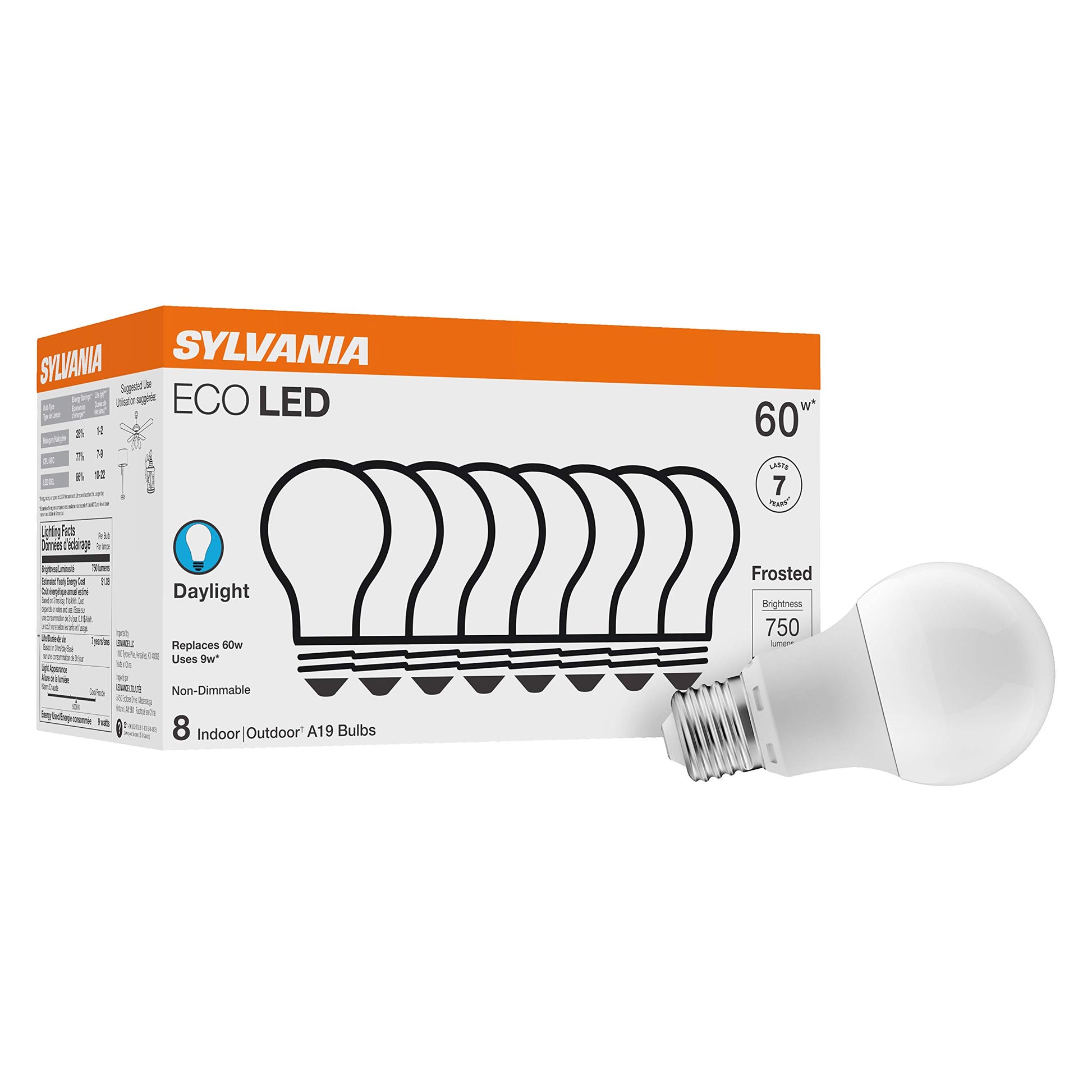 SYLVANIA ECO LED Light Bulb, A19 60W Equivalent, Efficient 9W, 7 Year, 750 Lumens, 2700K, Non-Dimmable, Frosted, Soft White - 8 Count (Pack of 1) (40821)