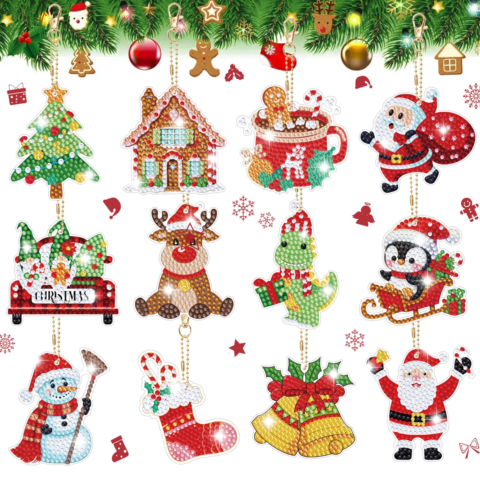 12 Pieces Christmas Diamond Art Keychains Kits for Kids - Christmas Crafts for Adults - Arts and Crafts for Kid Girls Ages 4 6 8 10 12 - Make Your Own Diamond Ornaments Painting Gift for Family Decor