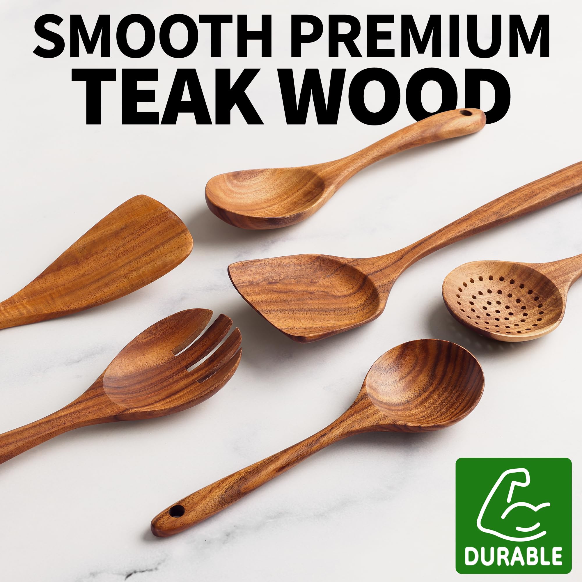 Zulay Kitchen 6-Piece Wooden Cooking Spoons Set – Heat-Resistant, Smooth Teak Utensils with Comfort Grip – Lightweight & Durable – Easy to Clean, Perfect for Non-Stick Cookware