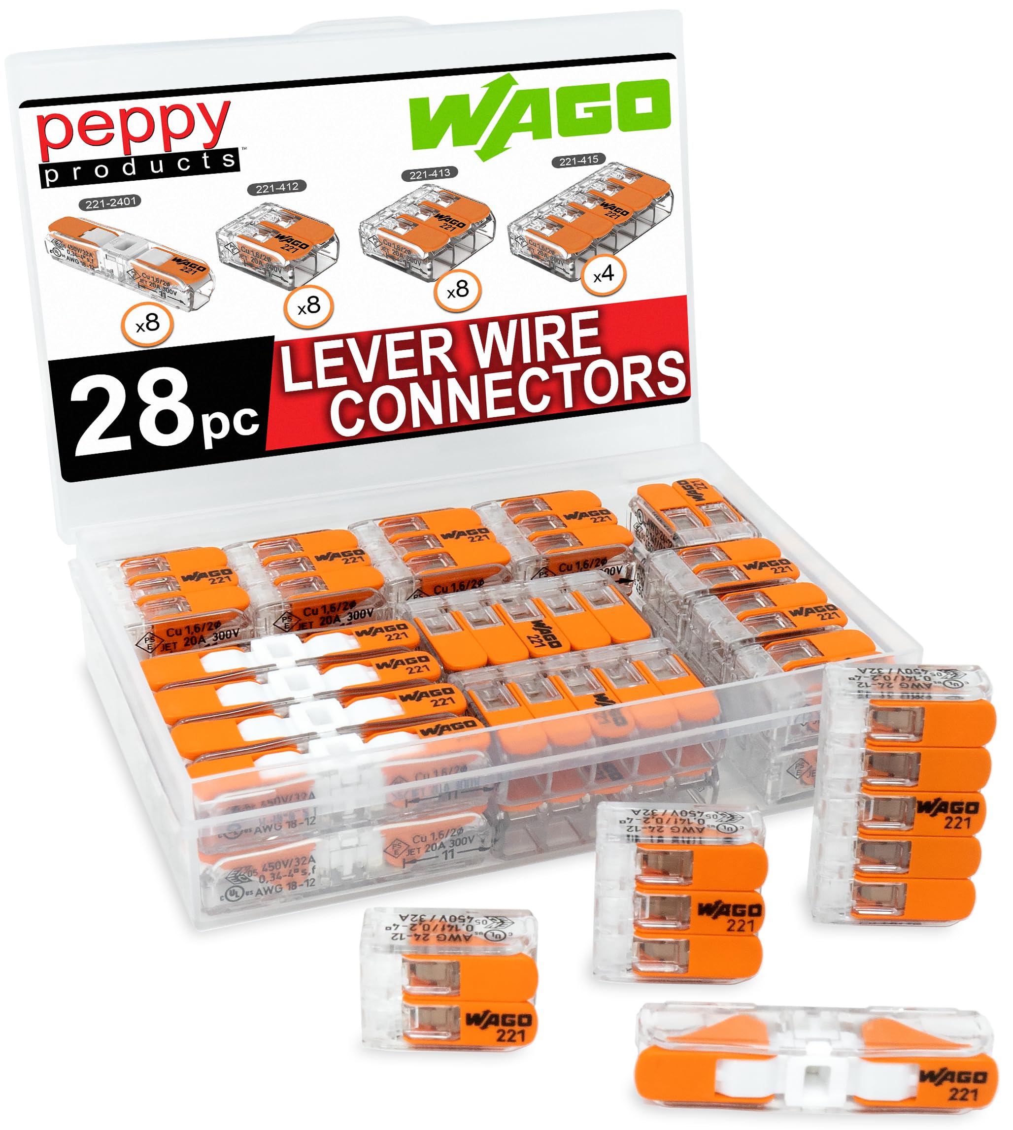 WAGO 221 Lever Nuts، مجموعة موصلات أسلاك مدمجة مكونة من 28 قطعة مع علبة | تتضمن 221-2401، 221-412، 221-413، 221-415