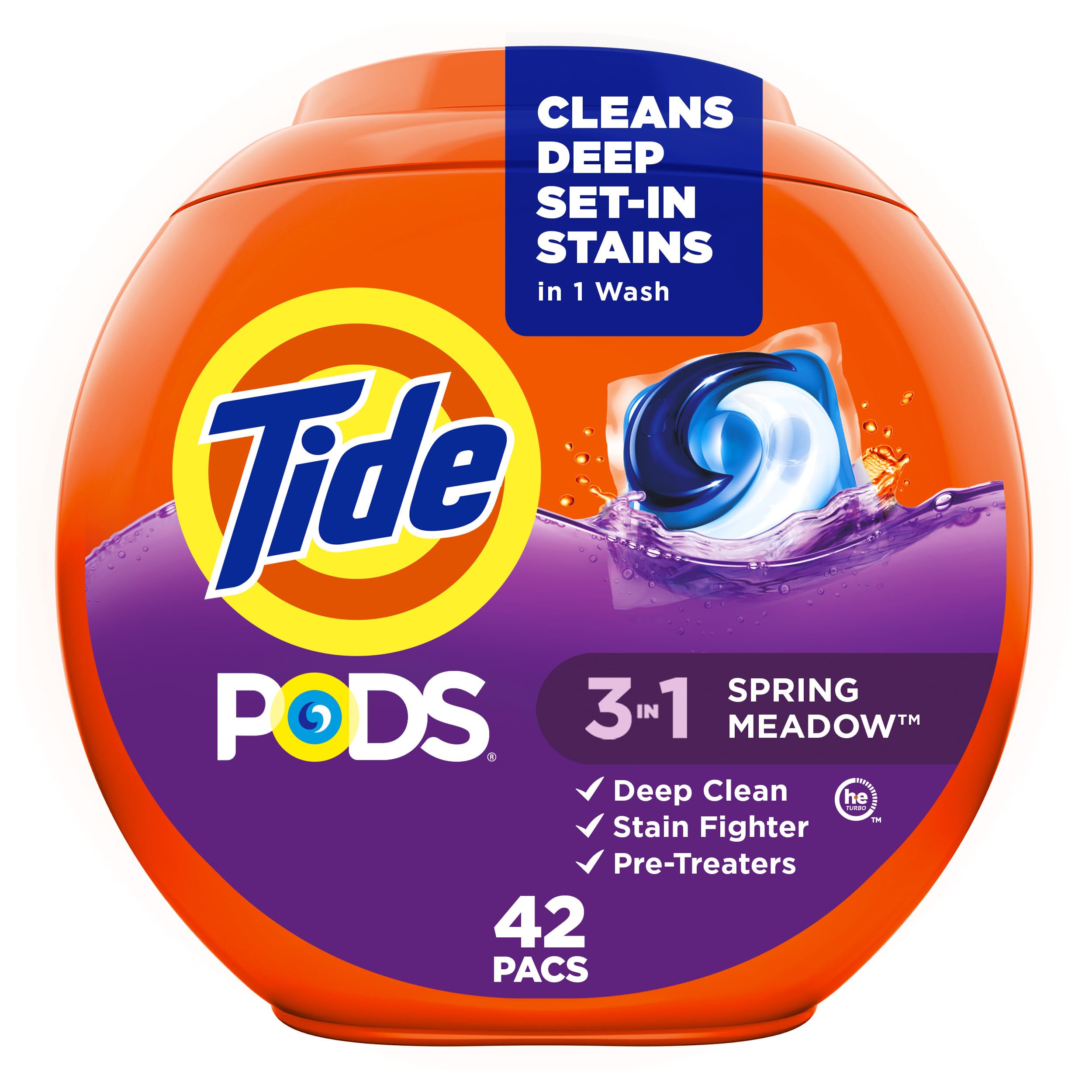 Tide PODS Laundry Detergent Pacs, 3-in-1 Stain Remover, Odor Fighter, Color Protector, 42 Count, HE compatible, Spring Meadow Scent (Packaging May Vary)