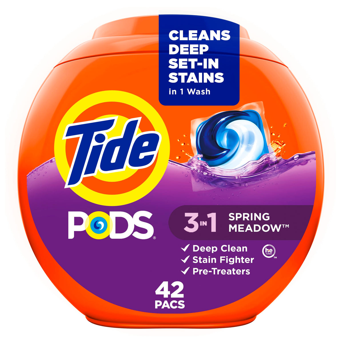 Tide PODS Waschmittel-Kapseln, 3-in-1 Fleckenentferner, Geruchskämpfer, Farbschutz, 42 Stück, HE-kompatibel, Duftrichtung Spring Meadow (Verpackung kann variieren)
