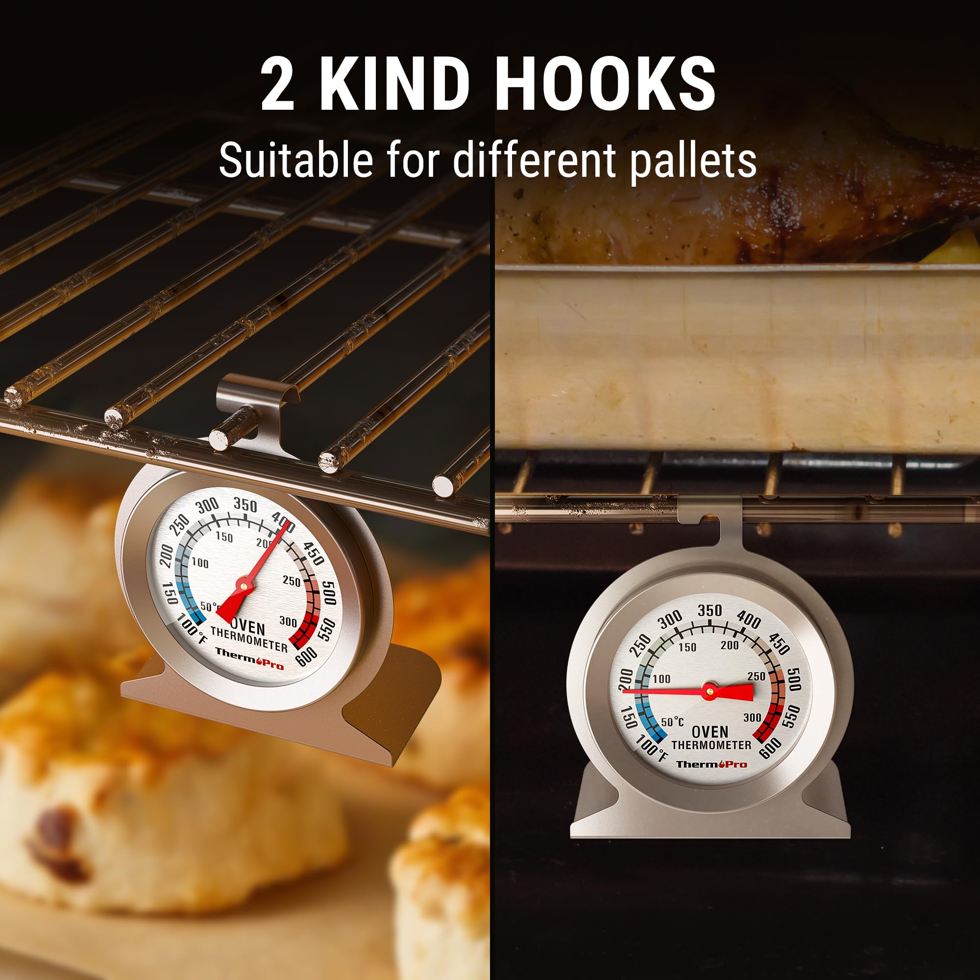 ThermoPro 2-Pack Oven Thermometer for Gas Oven, 50-300°C/100-600°F Smoker Temperature Gauge with 431 Stainless Steel, Analog Instant Read Cooking Thermometer