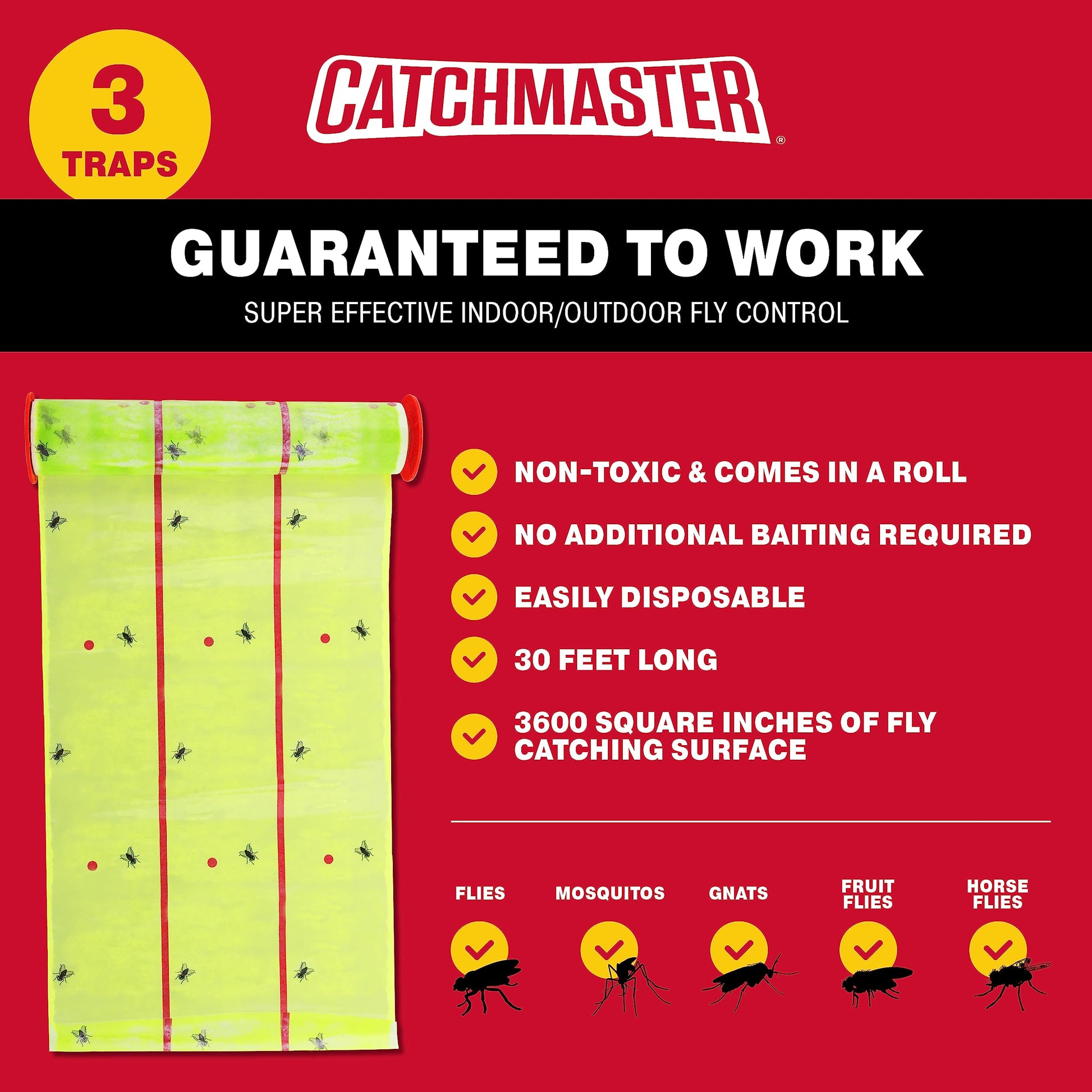 Catchmaster Giant Fly Glue Trap 3-Pack 30 Feet Each, Adhesive Fly Traps Outdoor, Sticky Bug Catcher, Bulk Flying Insect Paper Roll, Pet Safe Pest Control for Garage, Barn, Greenhouse & Garbage Room