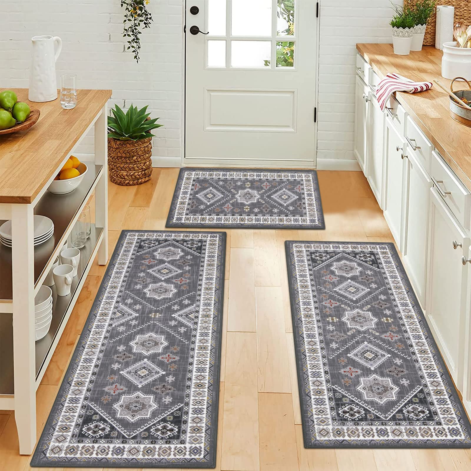 HEBE Boho Kitchen Rug Sets 3 Piece with Runner Non Slip Kitchen Rugs and Mats Washable Kitchen Mats for Floor Thick Kitchen Floor Mat Carpet Runner Rugs for Hallway Laundry Holiday Decor