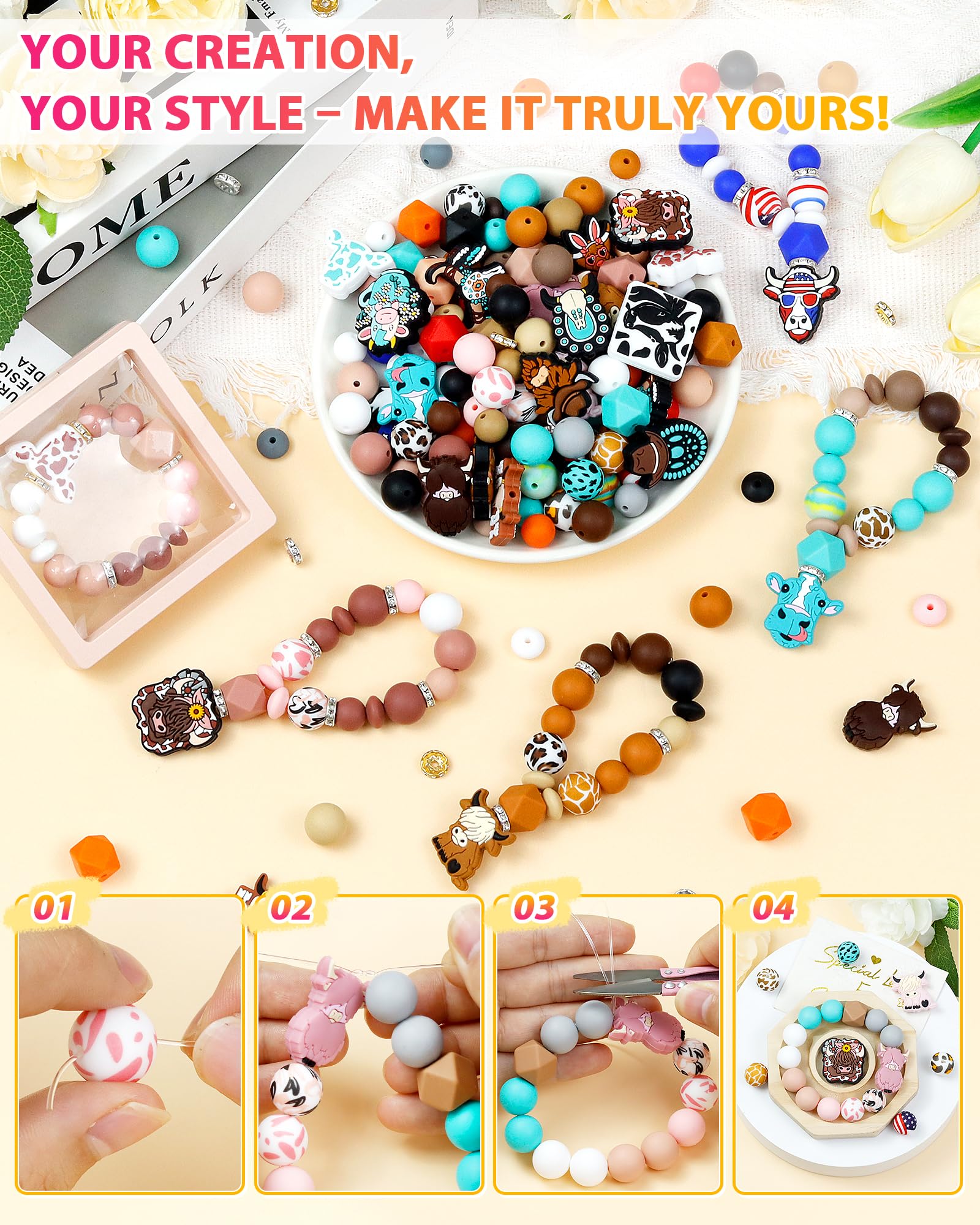 112PCS FIVEIZERO 12mm 15mm Cow Focal Silicone Beads for Keychain Making, Round, Lentil, Hexagonal, Print, 10mm Rhinestone Rondelle Spacers Beads for Bracelet, Pens, Necklace Crafts(Pink Brown)