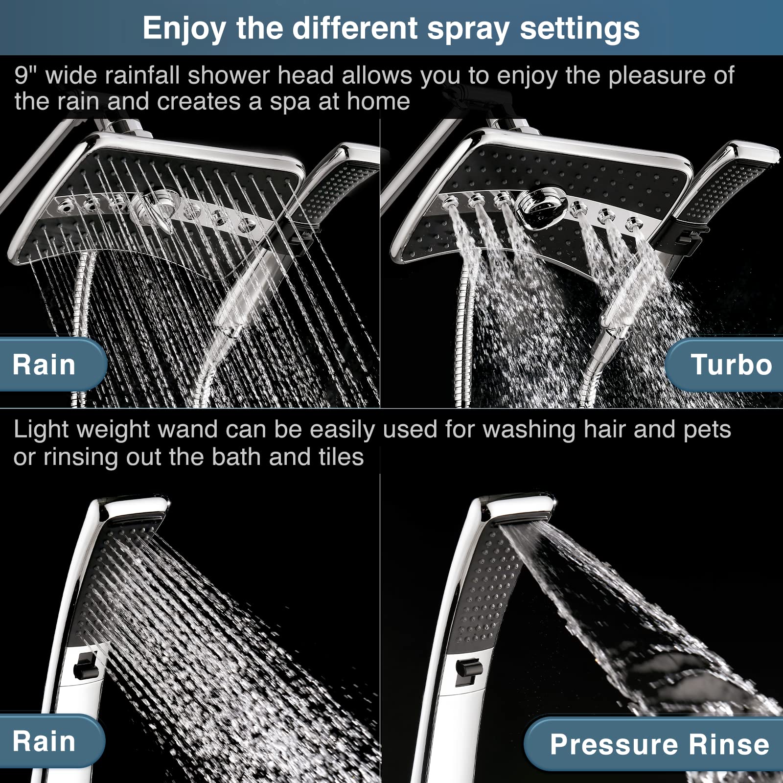 BRIGHT SHOWERS High Pressure Dual Shower Head Combo, Handheld Showerhead Rainfall Shower Head Combo with Black Face, 60 Inch Long Stainless Steel Shower Hose, Chrome