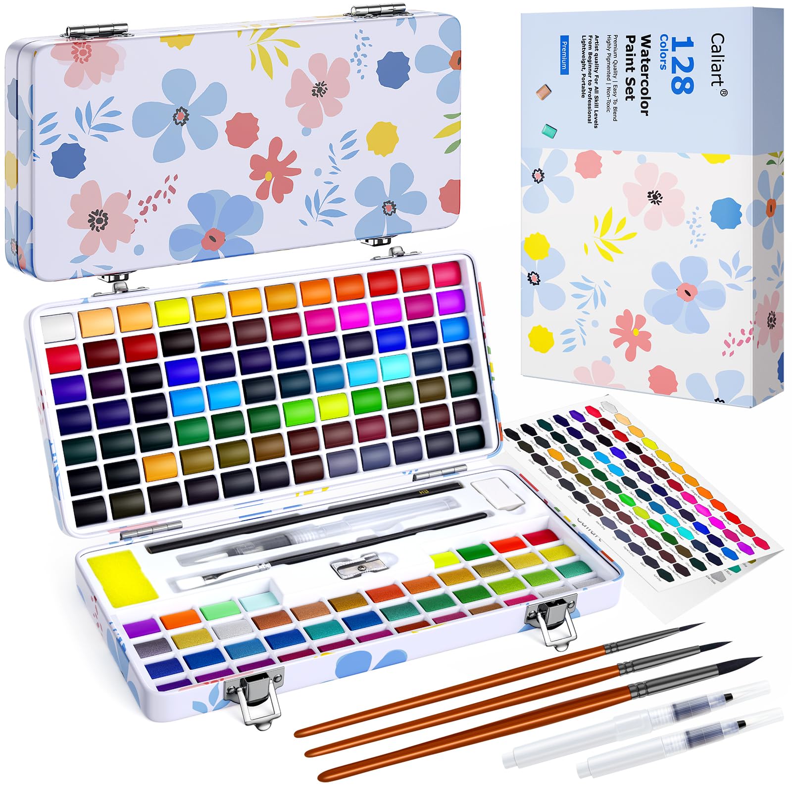 128 Colors Washable Watercolor Paint Set with 4 Brushes, Portable Travel Water Color Kit with Carrying Case, Palette and Accessories, Non-Toxic Art Supplies Gift for Artists Adult Teen Kids Girls Boys