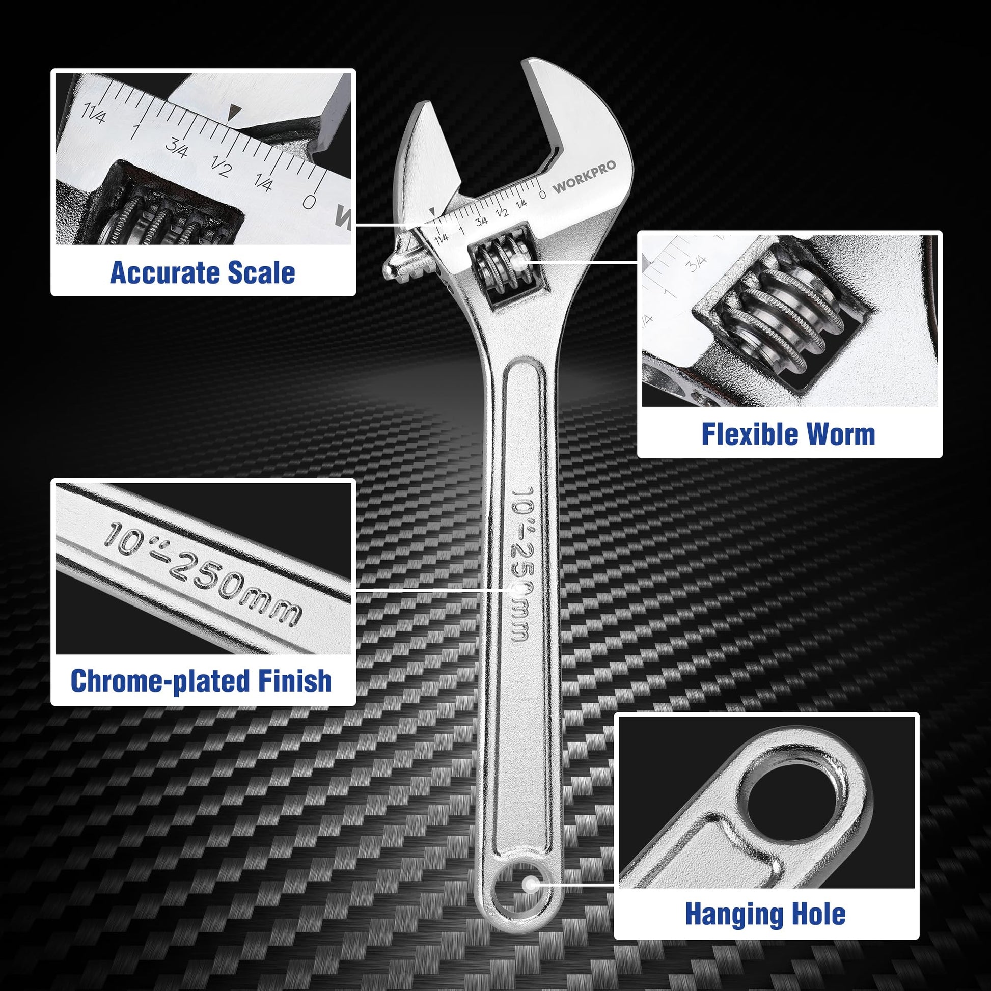WORKPRO 4-piece Adjustable Wrench Set, Forged, Heat Treated, Chrome-plated (6-inch, 8-inch, 10-inch, 12-inch)